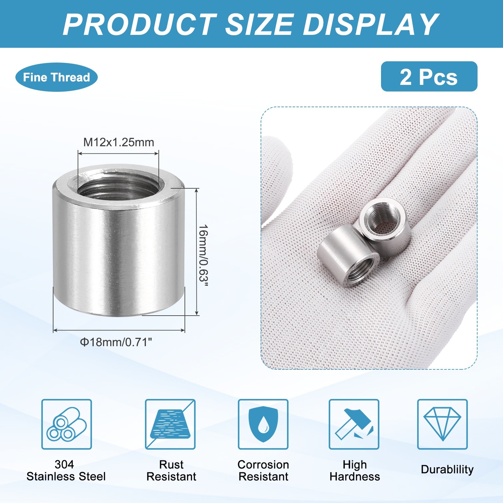 2Pcs M12x1.25mm Pitch 16mm/0.63″ Round Coupling Nuts 304 Stainless Steel