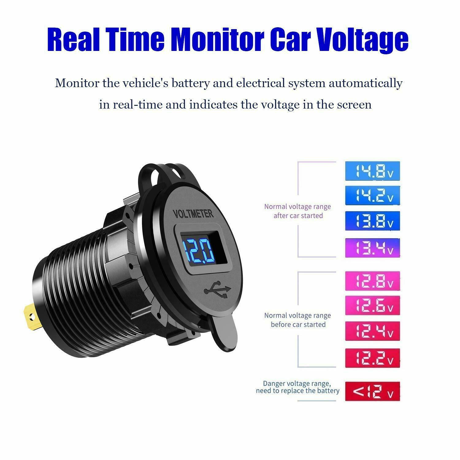 12V-24V Dual USB Charger LED Digital Display Voltage Amp Gauge Ammeter Voltmeter