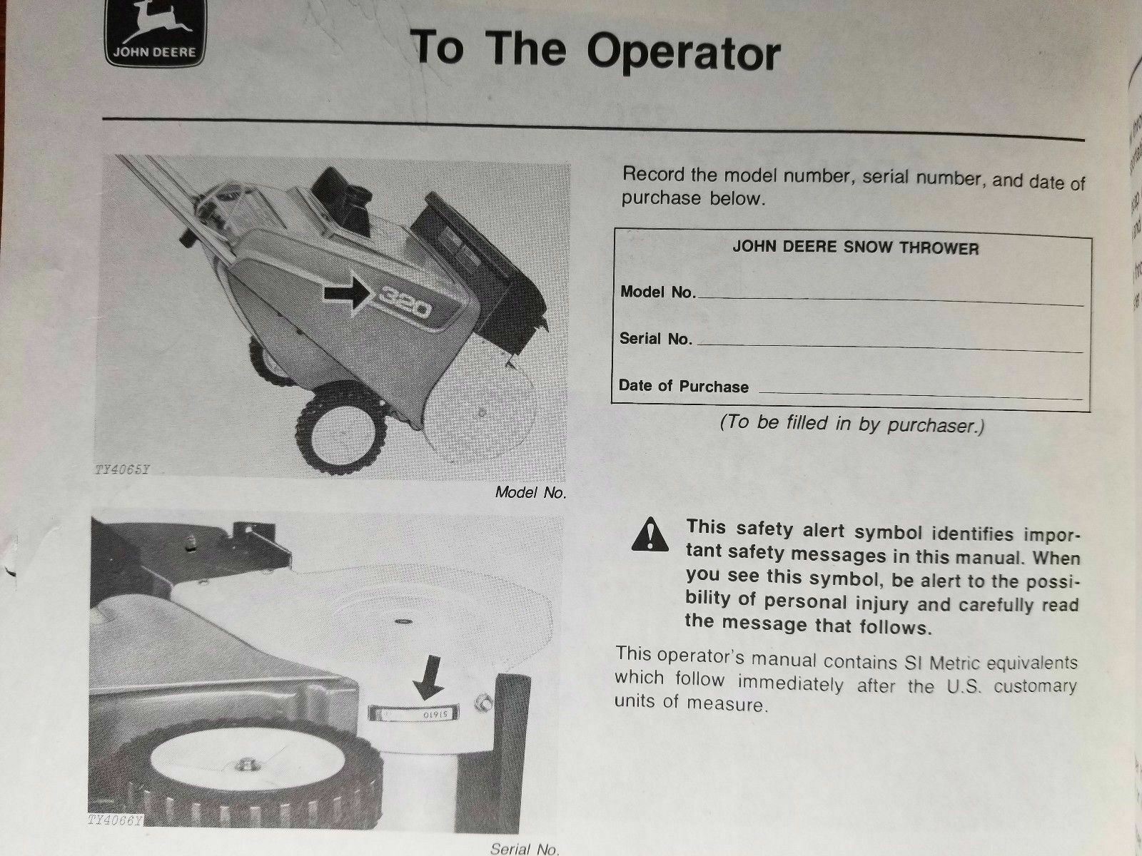 John Deere 320 Snow Thrower S/N -44999 Owner Operator’s Manual OM-TY3896 C9 3/79