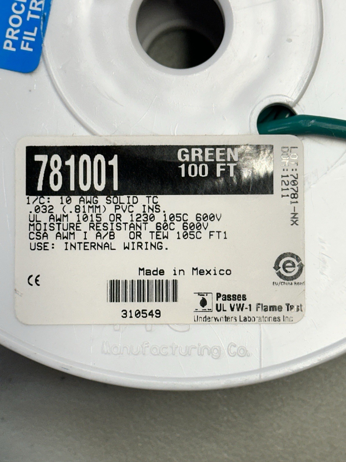 Alpha Wire 781001 GR005 10awg Tinned Solid Copper Hook Up Green 100ft 600V New