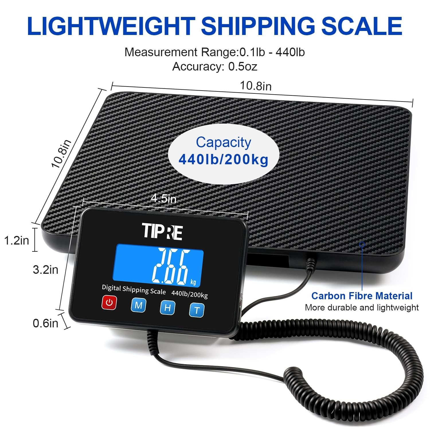 TIPRE Digital Shipping Postal Scale 440lb/0.5oz Accuracy Lightweight Carbon F…