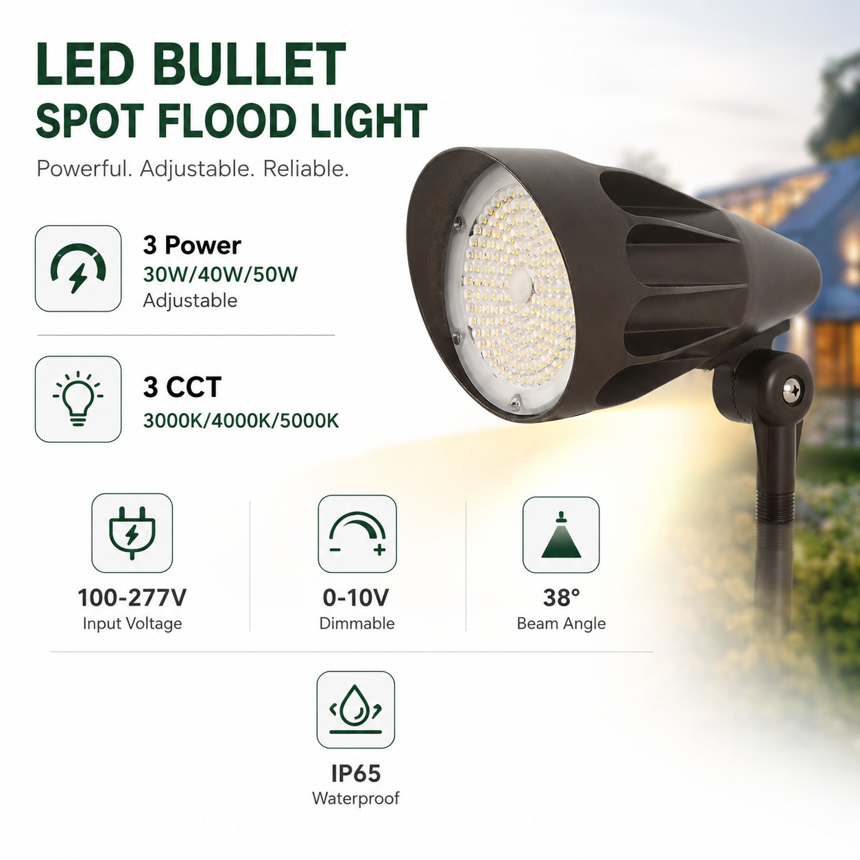 LED Bullet Spot Flood Light 30W/40W/50W Selectable, 3000K/4000K/5000K