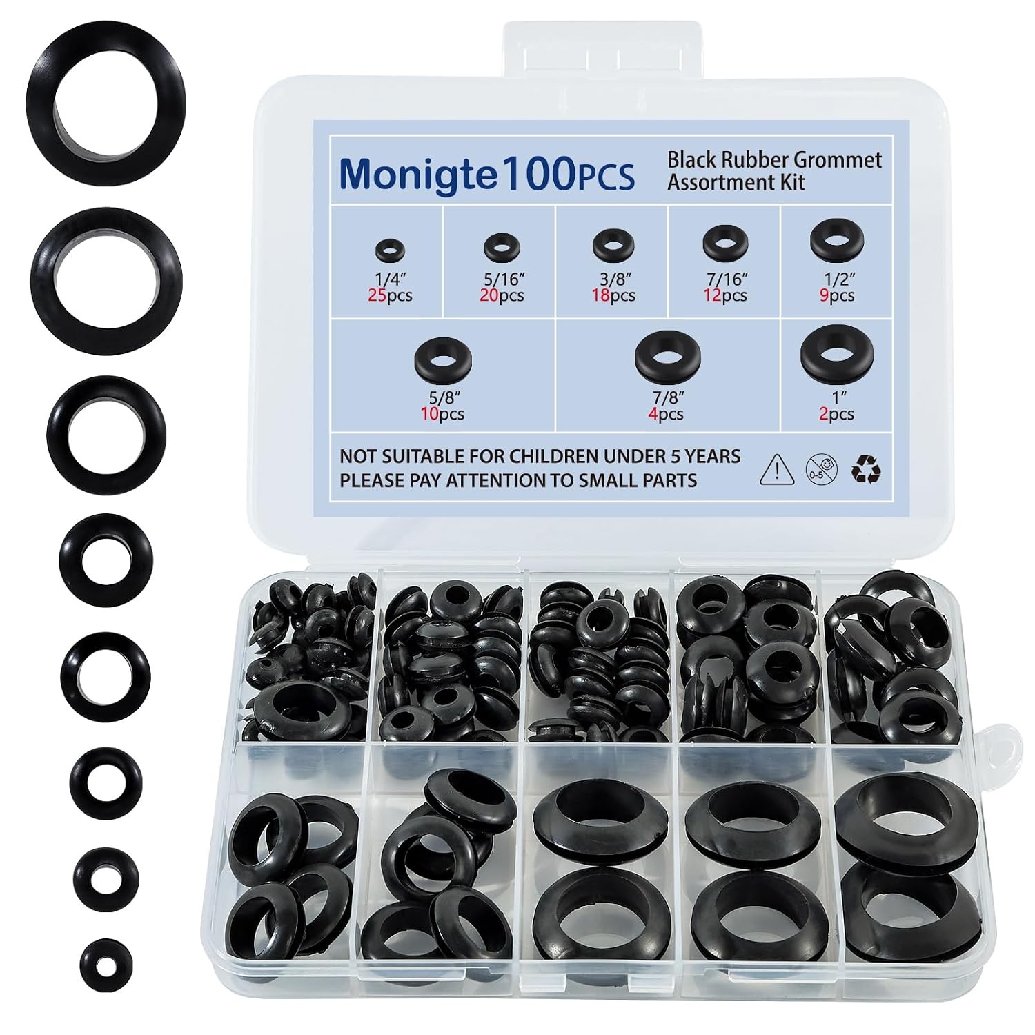 100PCS Rubber Grommet Kit, 8 Sizes Hollow Firewall Hole Plug Assortment, Rubber