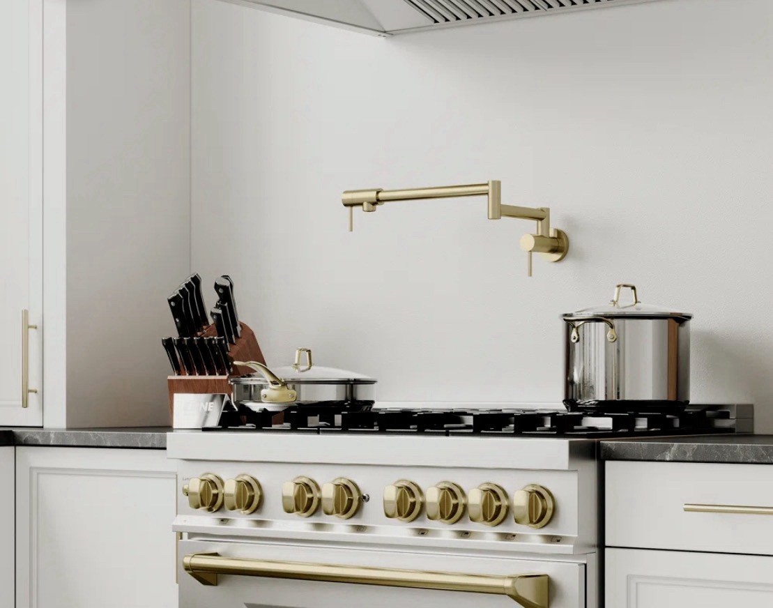Wall Mount Pot Filler Faucet Folding Swing Arm – Z-Line Gemini Champagne Bronze