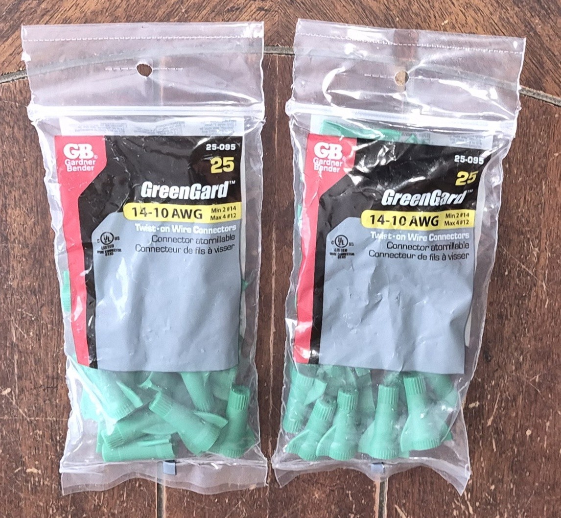 Lot of 2 GB 25pc GreenGard 14-10 AWG Twist-On Wire Connectors #25-095