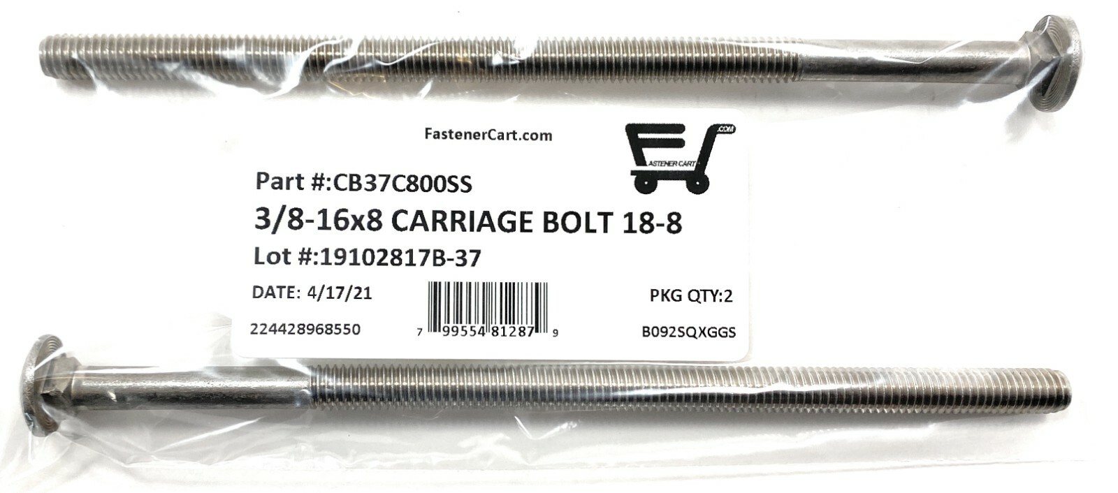 (2) 3/8-16 x 8 Carriage Bolts 18-8 Stainless Steel – Fast Free Shipping