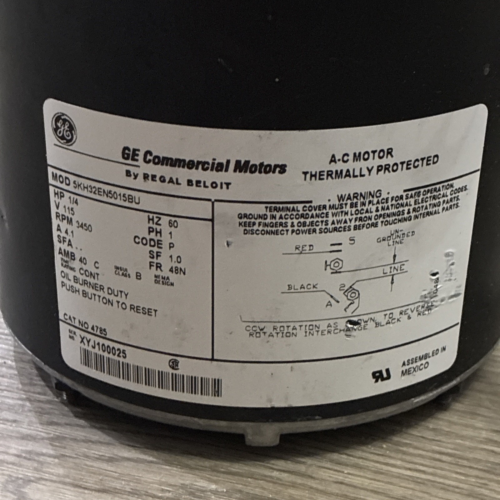 GE Oil Burner Duty Motor 5KH32EN5015BU 1/4 HP, 115 Volts, 3450 RPM, 48N