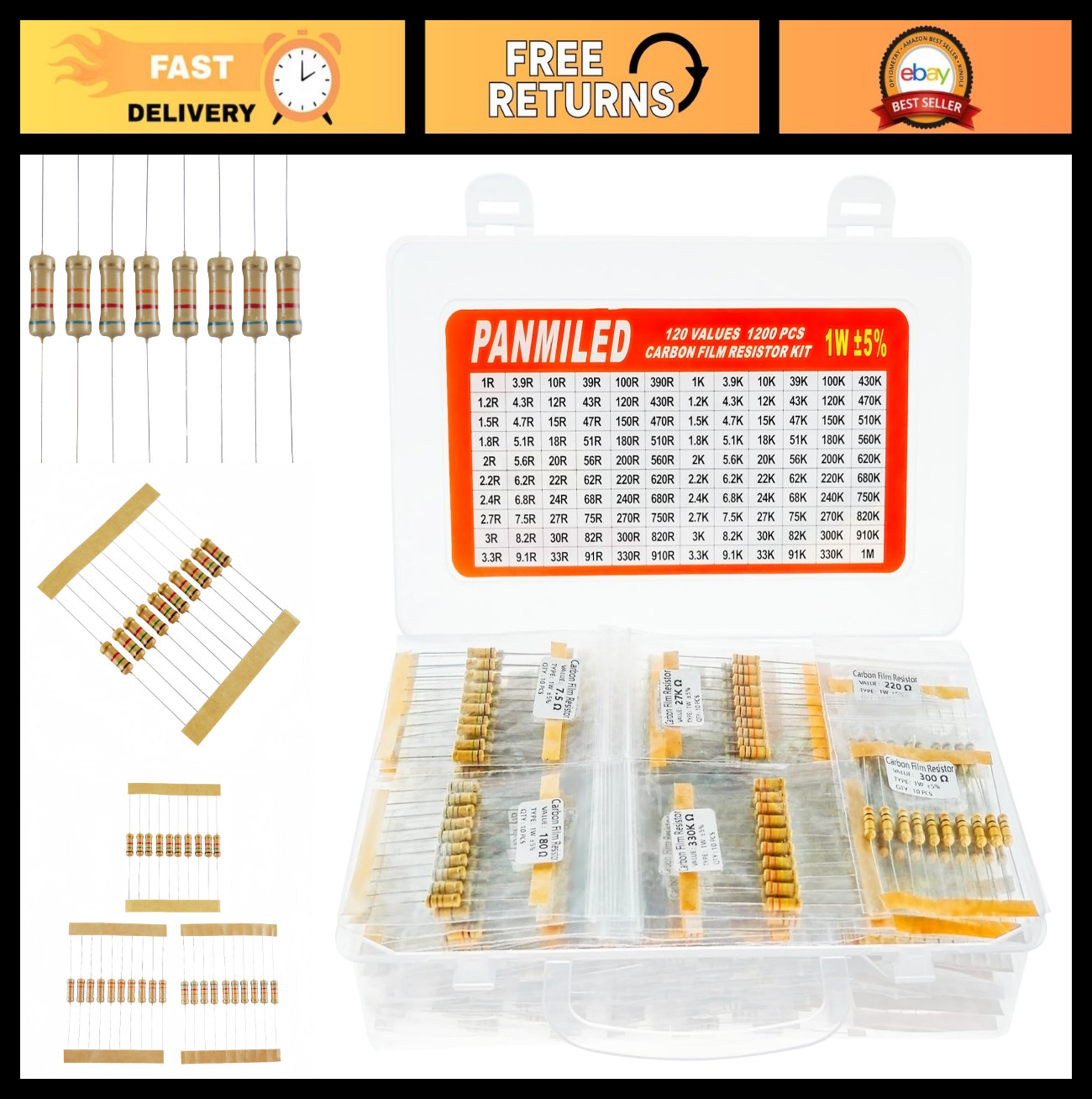 1200 Pieces Carbon Film Resistor Kit 1 Ohm to 1M Ohm 1W 5% Assortment Pack