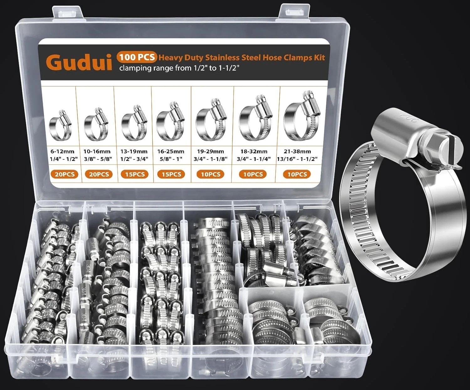 100 PCS Heavy Duty Stainless Steel Hose Clamps Assortment Kit 1/4″- 1-1/2″(6-38M