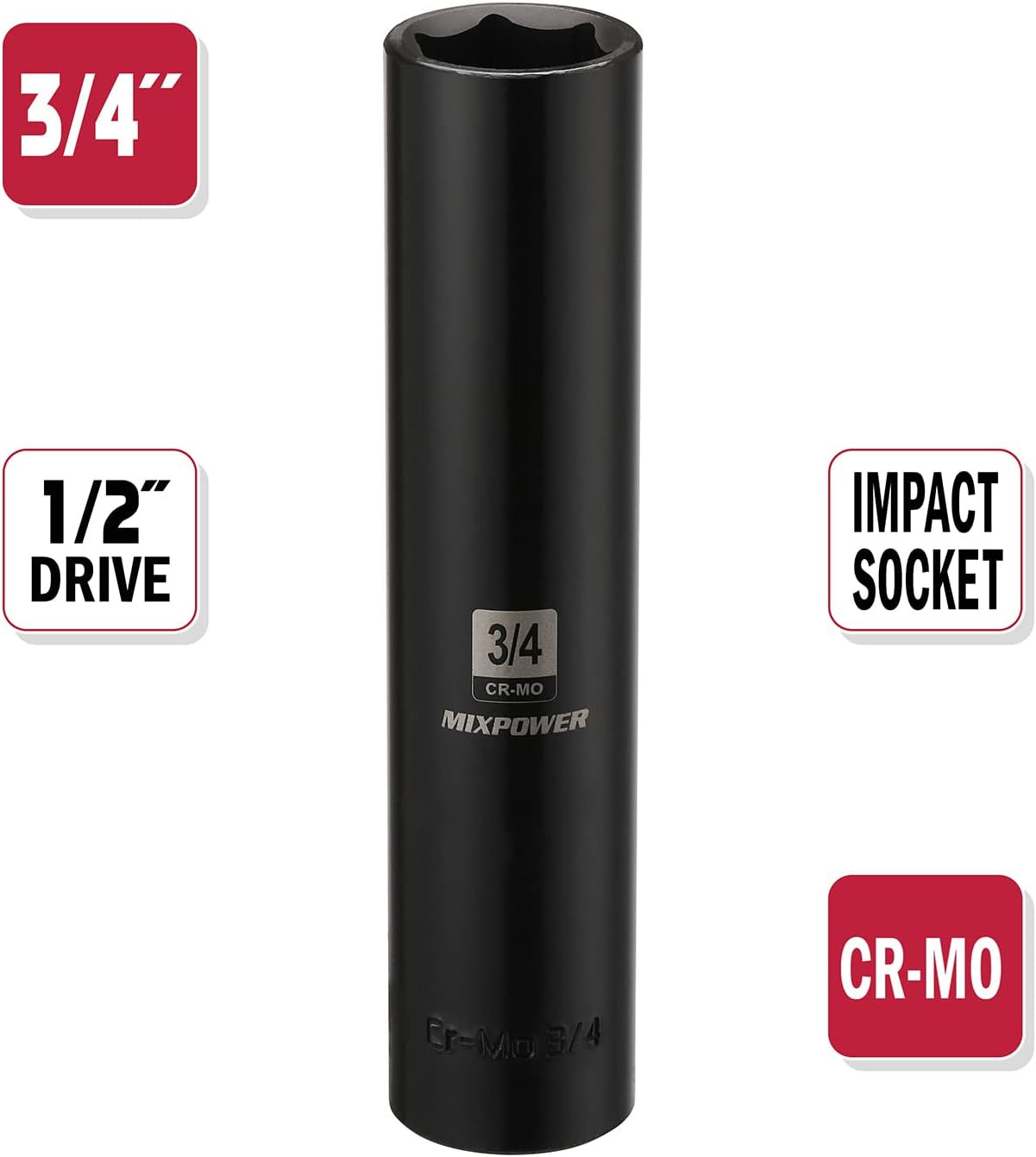 1/2″ Dr. X 3/4-Inch Extra Long Deep, 6 Point Impact Socket, Cr-Mo Alloy Steel