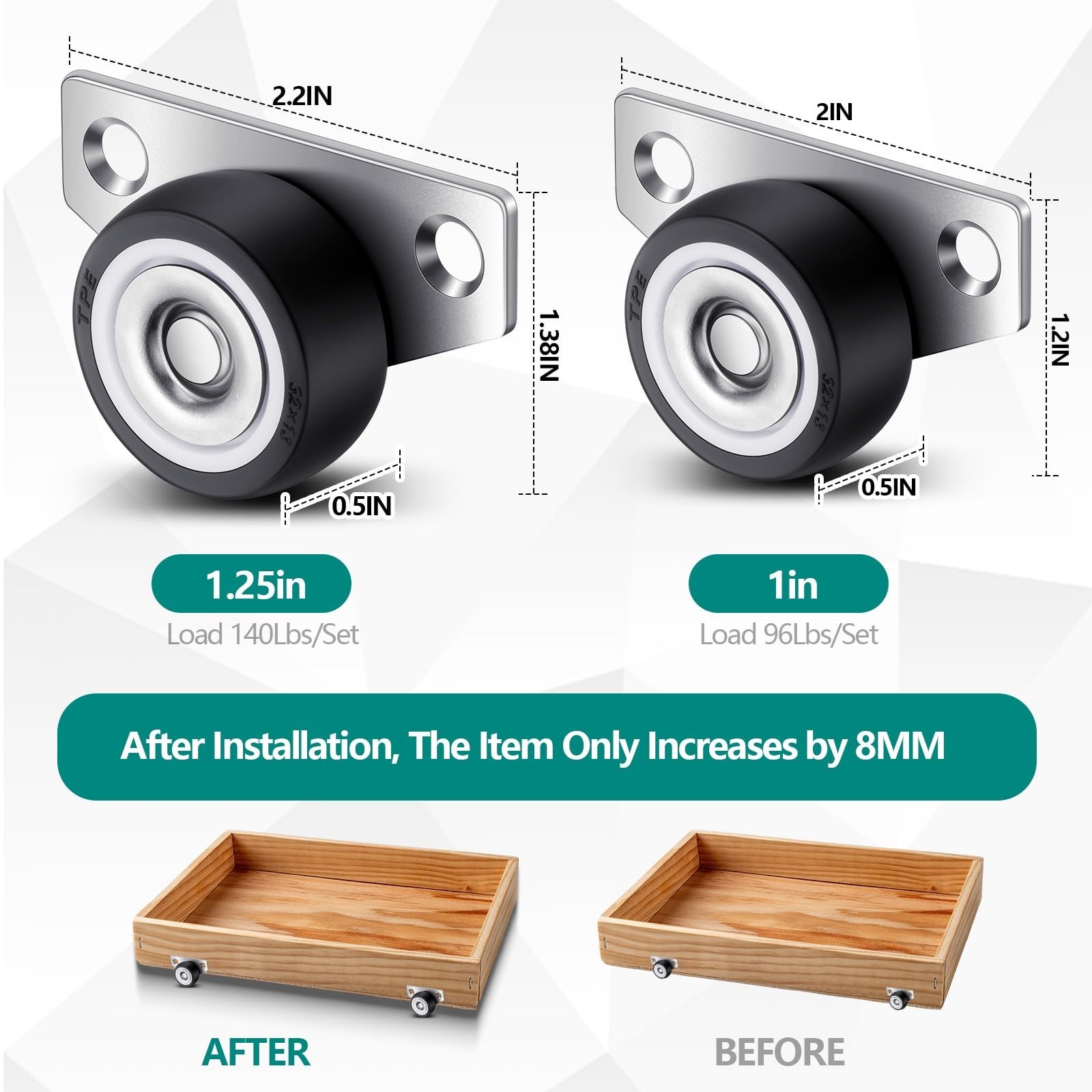 20 Set 1.25″ Mini Low Profile Caster Wheels for Drawers, Furniture, DIY Projects