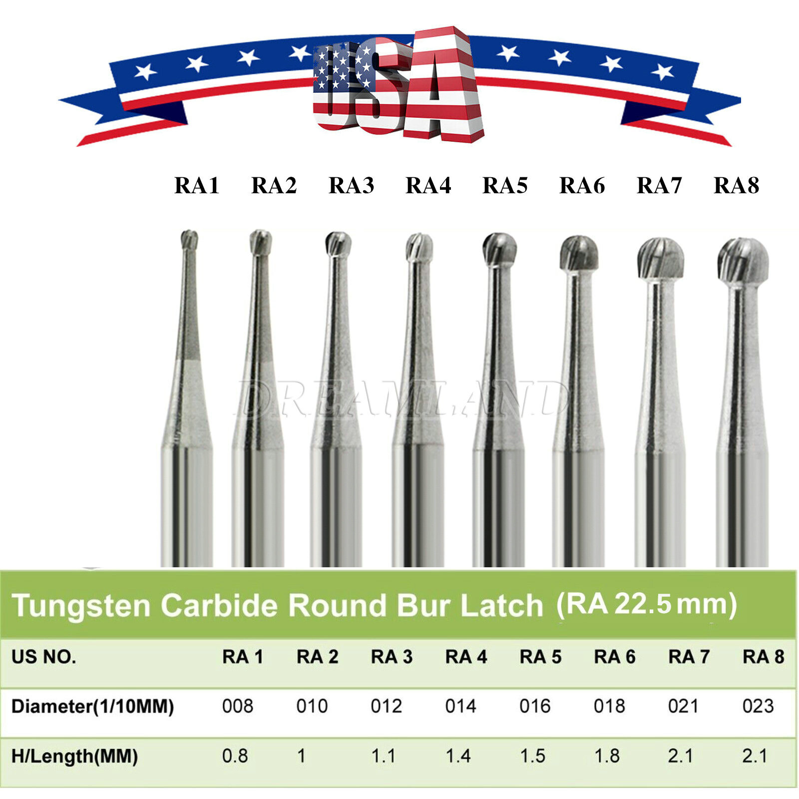 RA #1-8 Regular Round Carbide Burs for Slow Speed Latch Type RA1-RA8 Dental