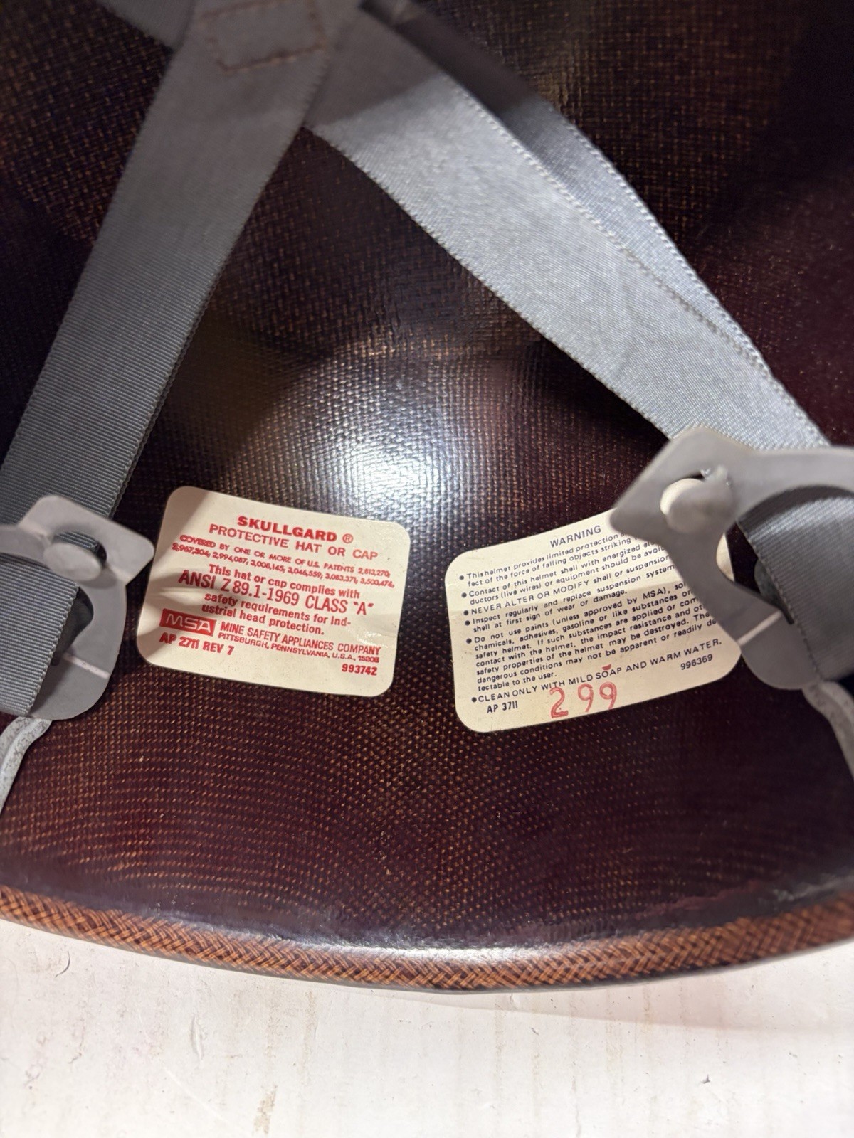 Vintage 1969 MSA Skullgard Fiberglass Brown Hard Hat USA Great Con Class A