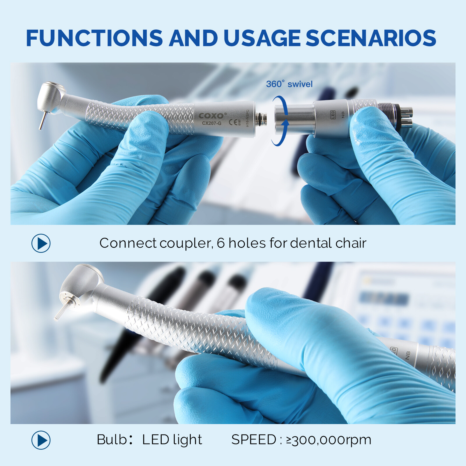 COXO CX207-G High Speed Air Turbine Handpiece ≥300,000rpm 6 Holes fit NSK KAVO