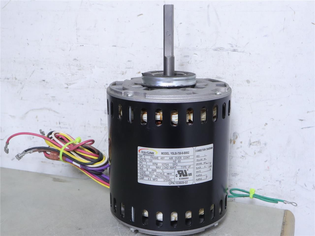 InterLink YSLB-750-6-B002 Blower Motor 1HP 1075RPM 4SPD 120V 103609-02 CCWLE