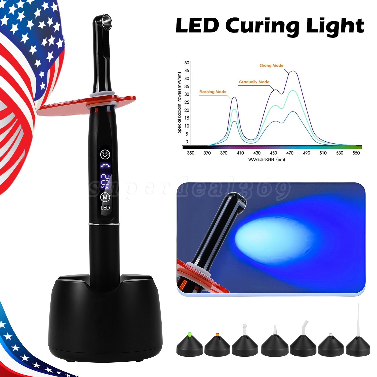 Dental Wireless Cordless LED Curing Light 1 Second Resin Lamp 2500mw Black