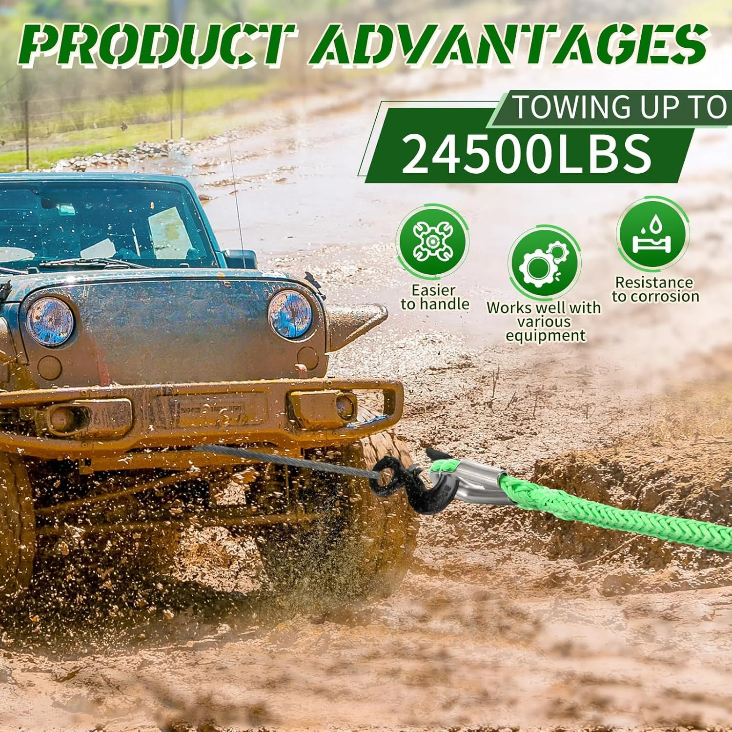 3/8″ x 50FT Synthetic Winch Rope 24500LB Extension Cable for ATV UTV