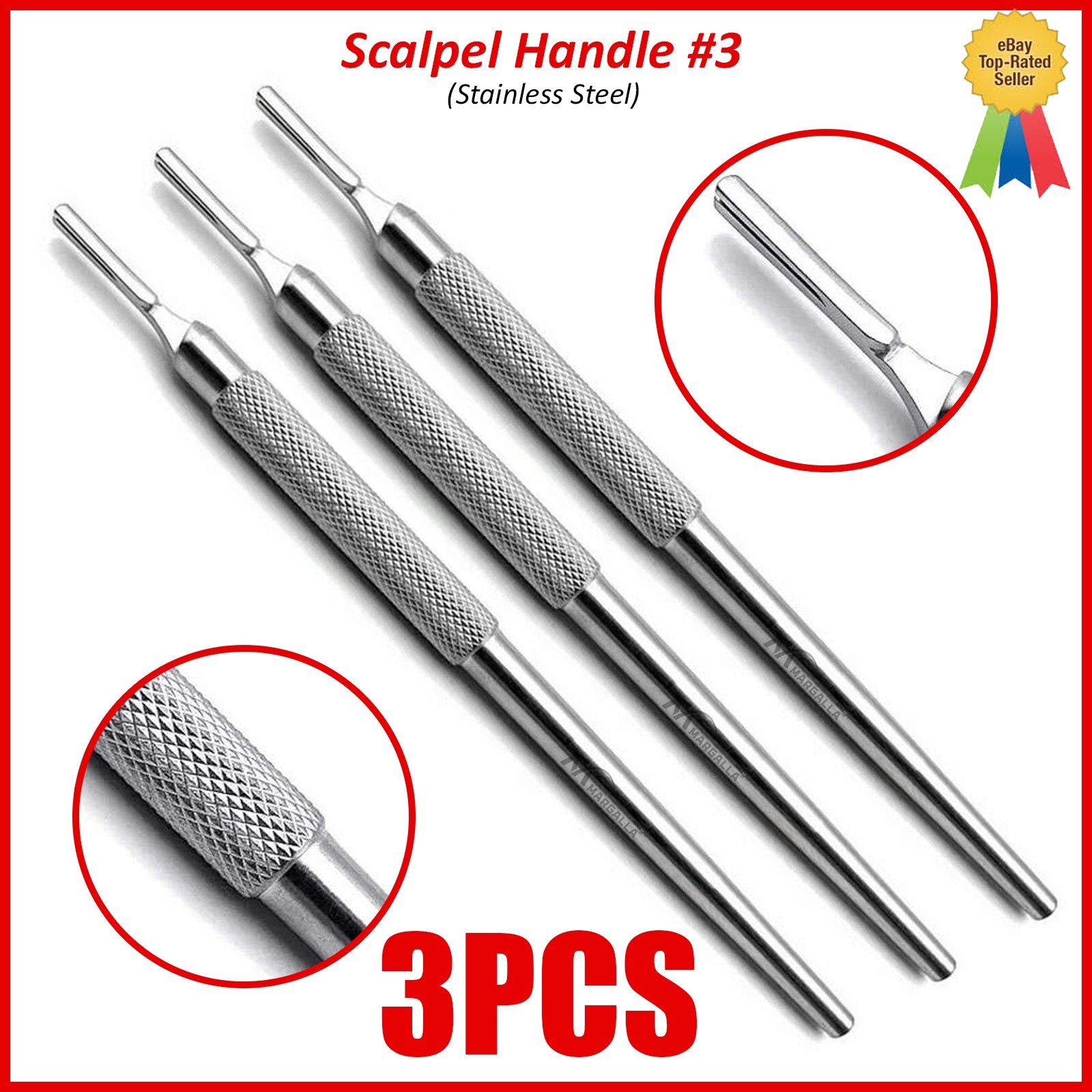 Set of 3 Pcs Dental Surgical Scalpel Handle Round Straight Blade Holder