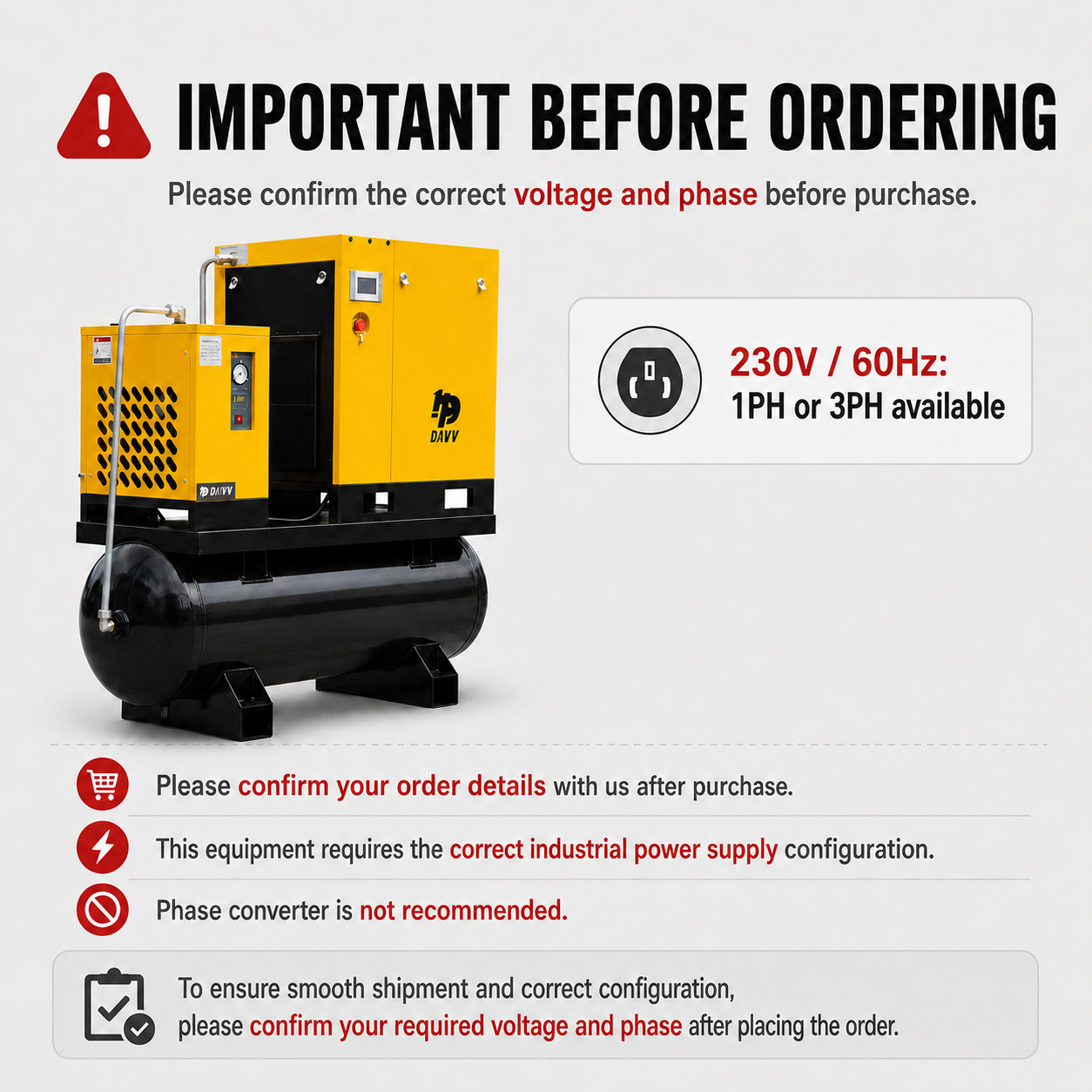 10HP 39CFM @125PSI 1Ph/3Ph 230V ASME 80 Gal Rotary Screw Air Compressor w/ Dryer