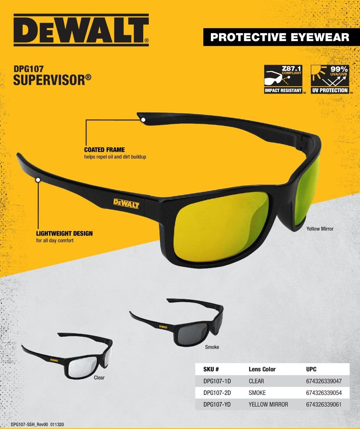DeWalt YELLOW MIRROR Safety Glasses UV ANSI Z87 Protective Work Sport Sunglasses