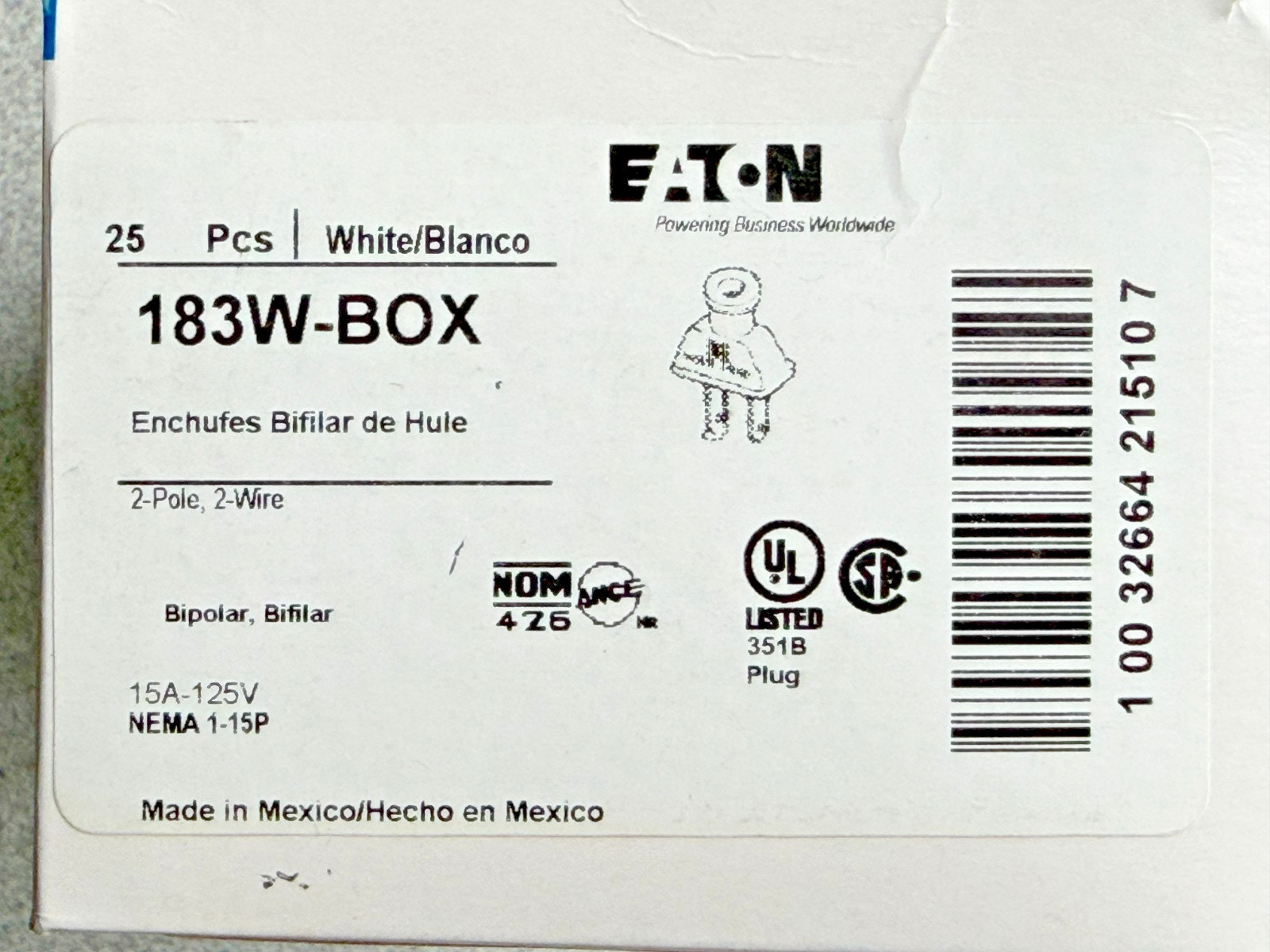 NEW lot of 24 Eaton 183W-BOX Straight Blade Replacement Plugs WHITE 125V 15A 2P