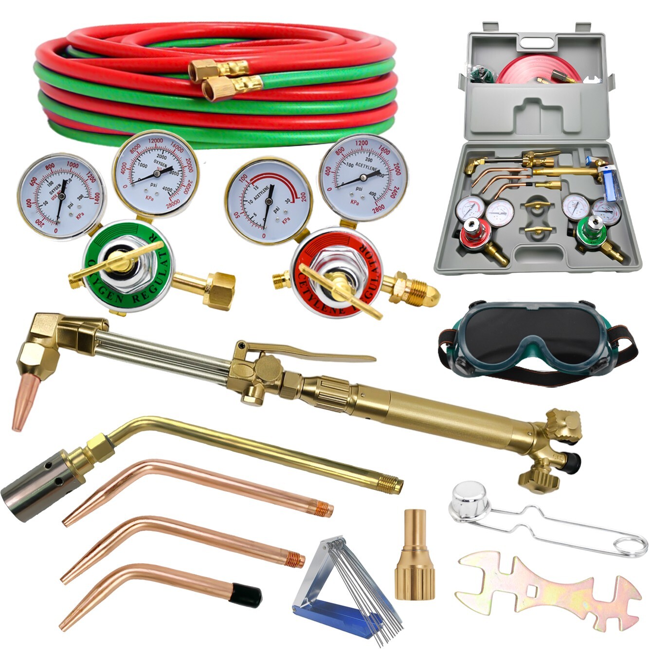 Oxygen Acetylene Gas Cutting Torch Regulator Welding Kit w/15′ Hose Glasses Case