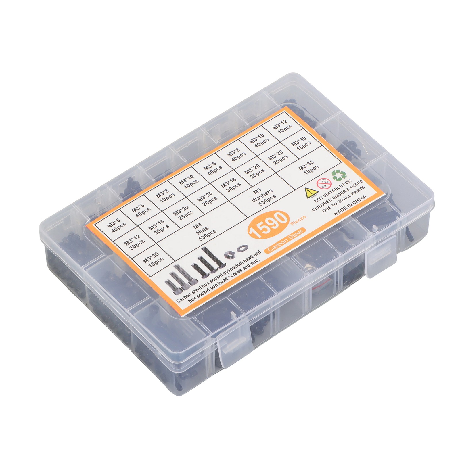 1590Pack M3 Hardware Assortment – Hex Button and Socket Head Bolts Nuts Washers
