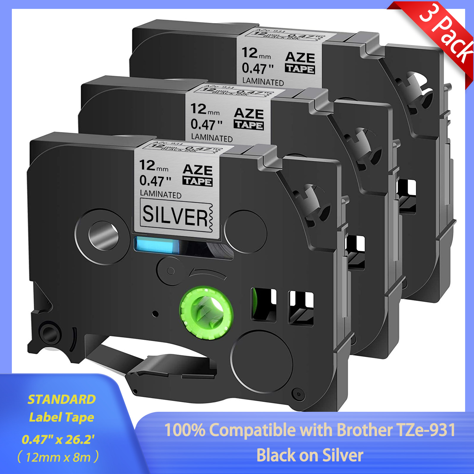 3x TZe-931 Black on Silver 12mm Laminated Tape Fit For Brother PT-D200 PT-D210