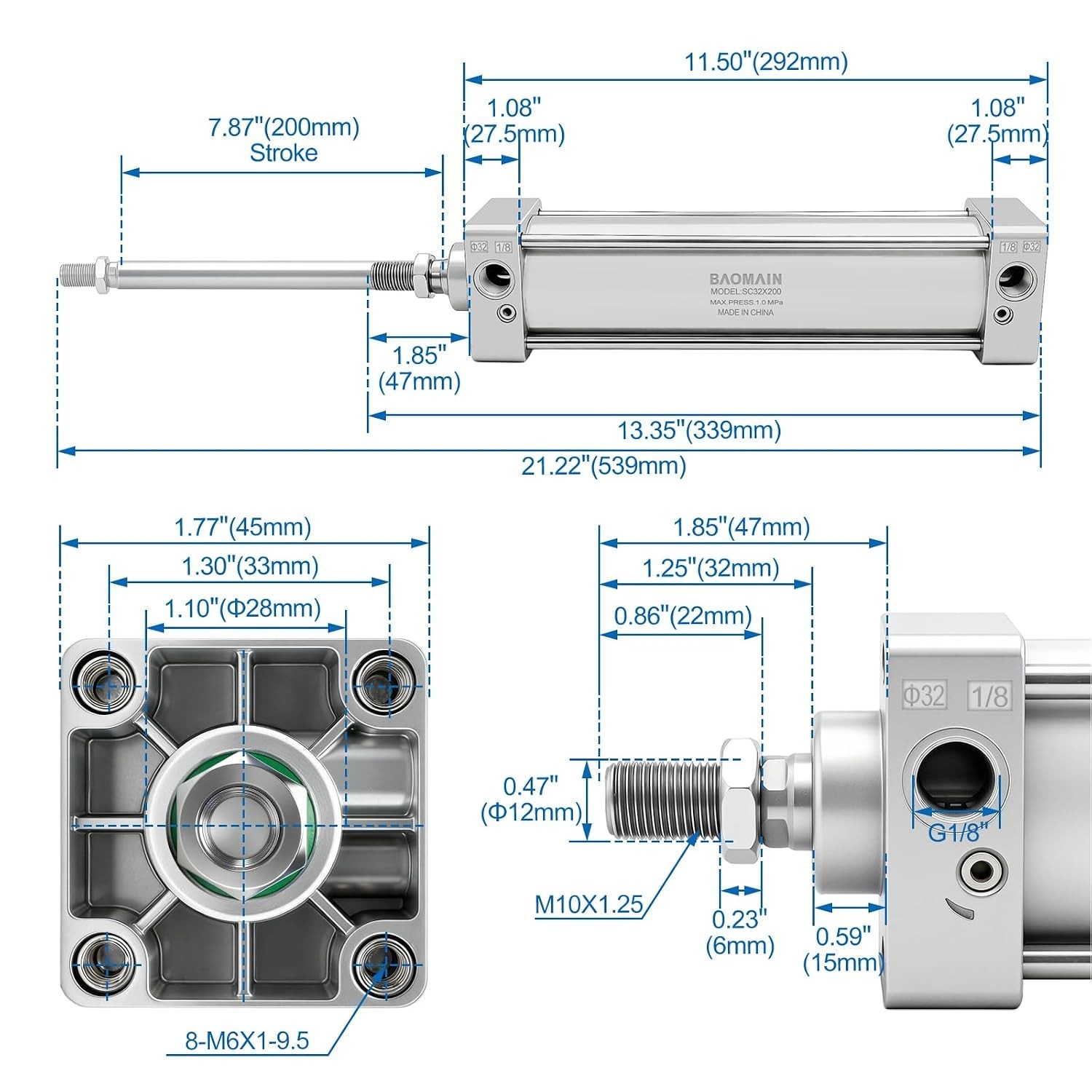 Robust Aluminum Alloy Pneumatic Cylinder – 1-1/4″ Bore, 7.87″ Stroke Efficiency