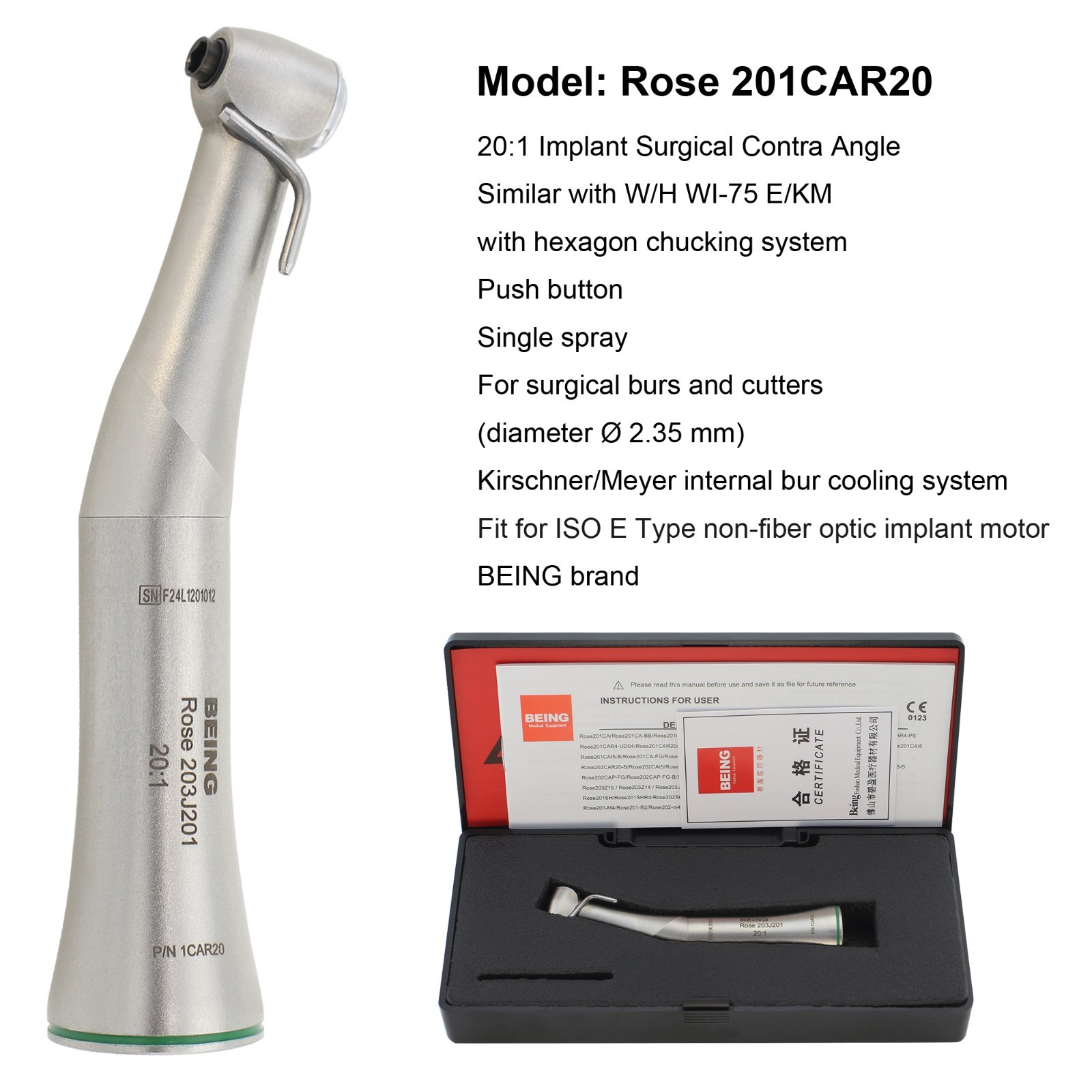 BEING Dental 20:1 Implant Handpiece Surgical Contra Angle WI-75 E/KM E Type