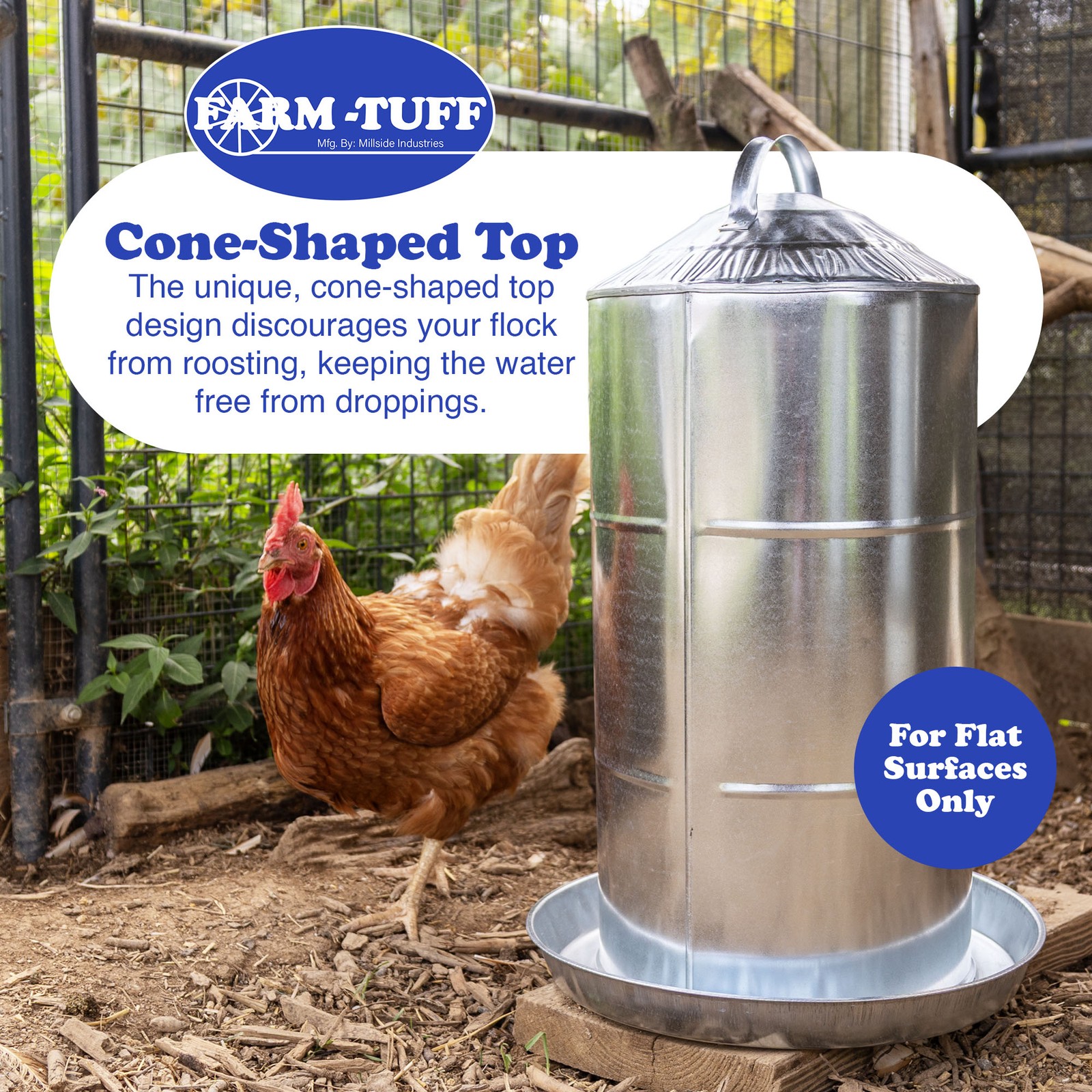 FARM-TUFF Double Wall Cone Top Galvanized Poultry Fountain, 8 Gallon Capacity