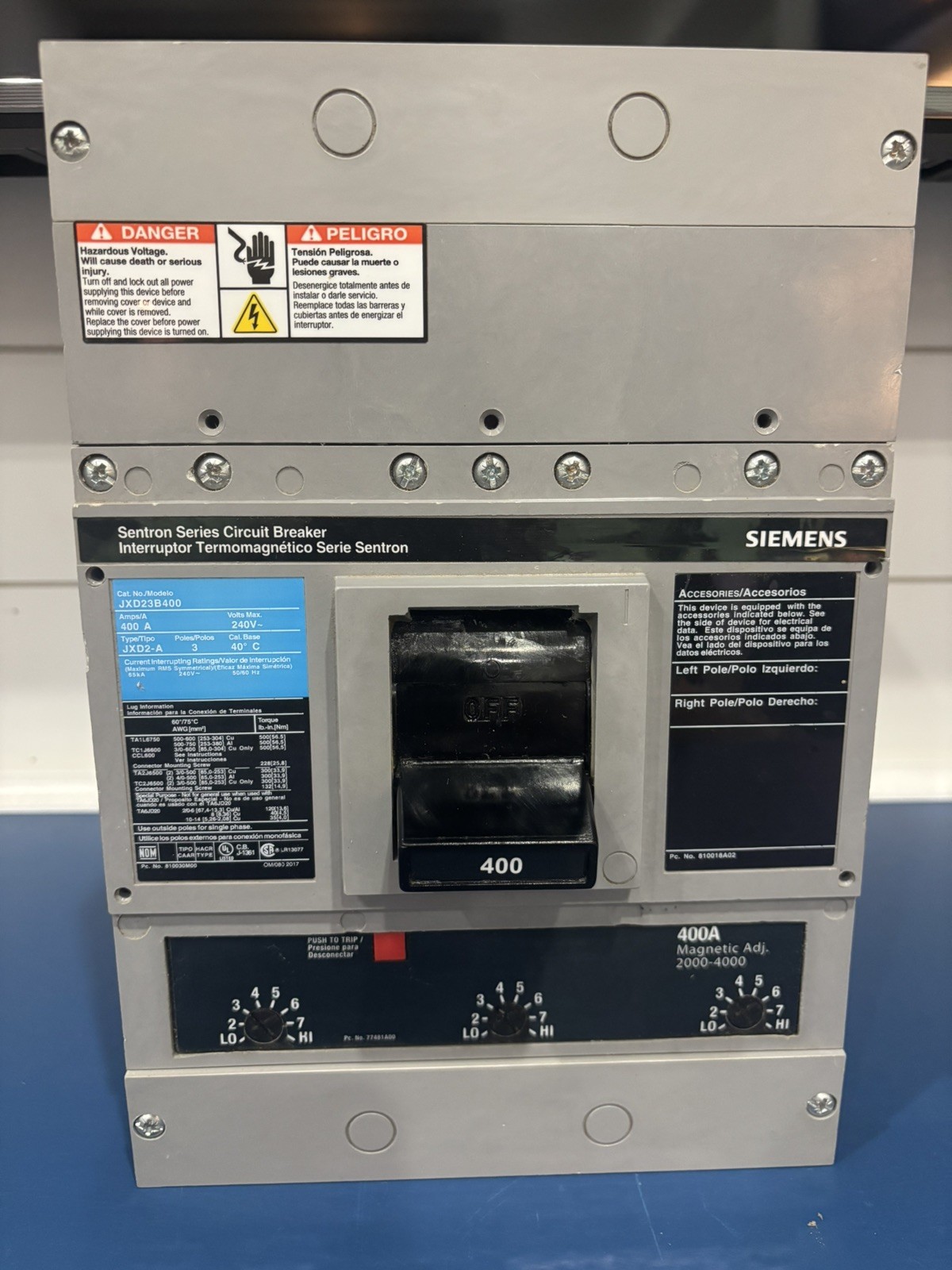 Siemens JXD23B400 Sentron Series Circuit Breaker 400A 240V 3 Pole