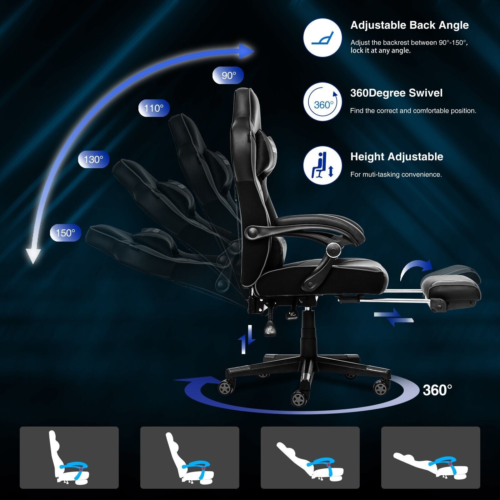 ELECWISH Gaming Chair Ergonomic Swivel Recliner Office Seat w/ Lumbar support