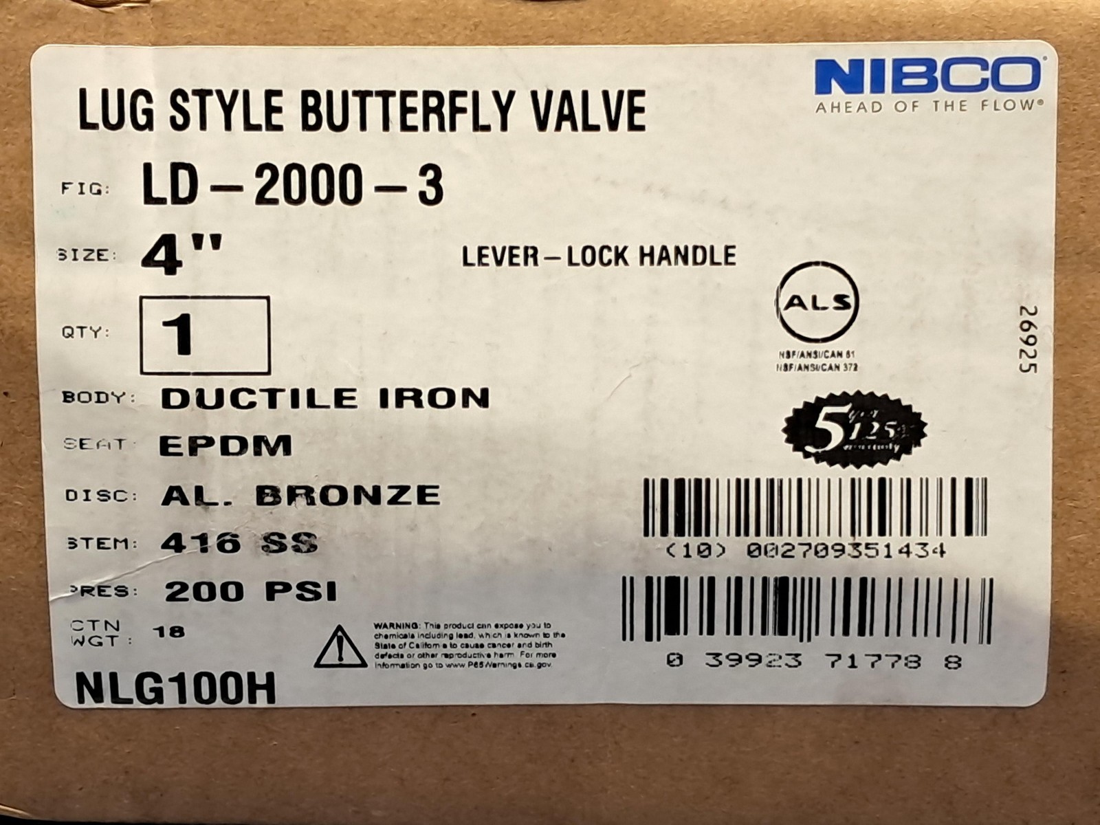 Nibco 4″ – Lug Style Butterfly Valve Ductile Iron, EPDM Seat – LD-2000-3