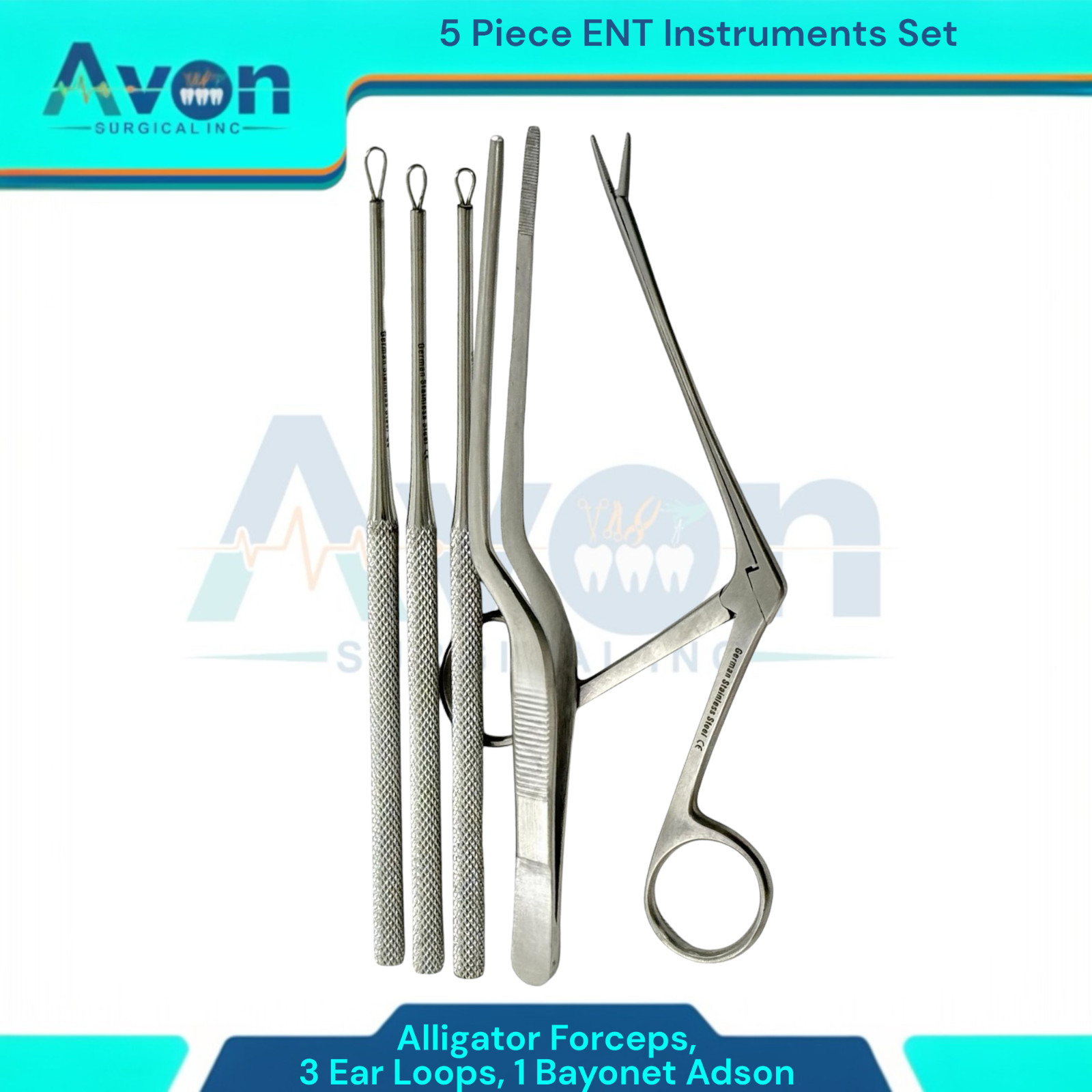 Ear Wax & Foreign Object Removal Kit-Alligator Forceps, Bayonet Adson, Ear Loops