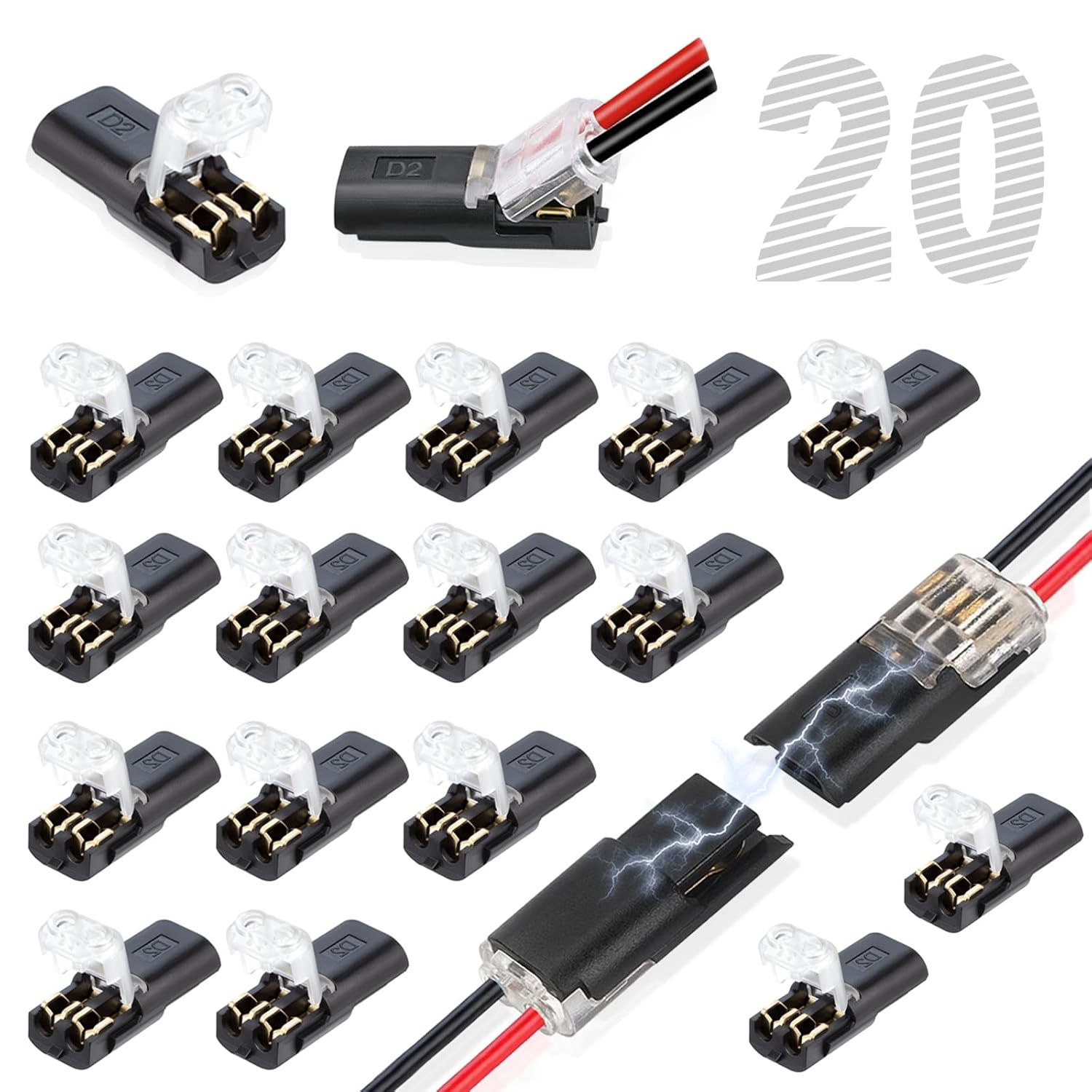 20Pcs Double Wire Plug in Connector, LED Light Strip Low Voltage Connectors 2 Pi