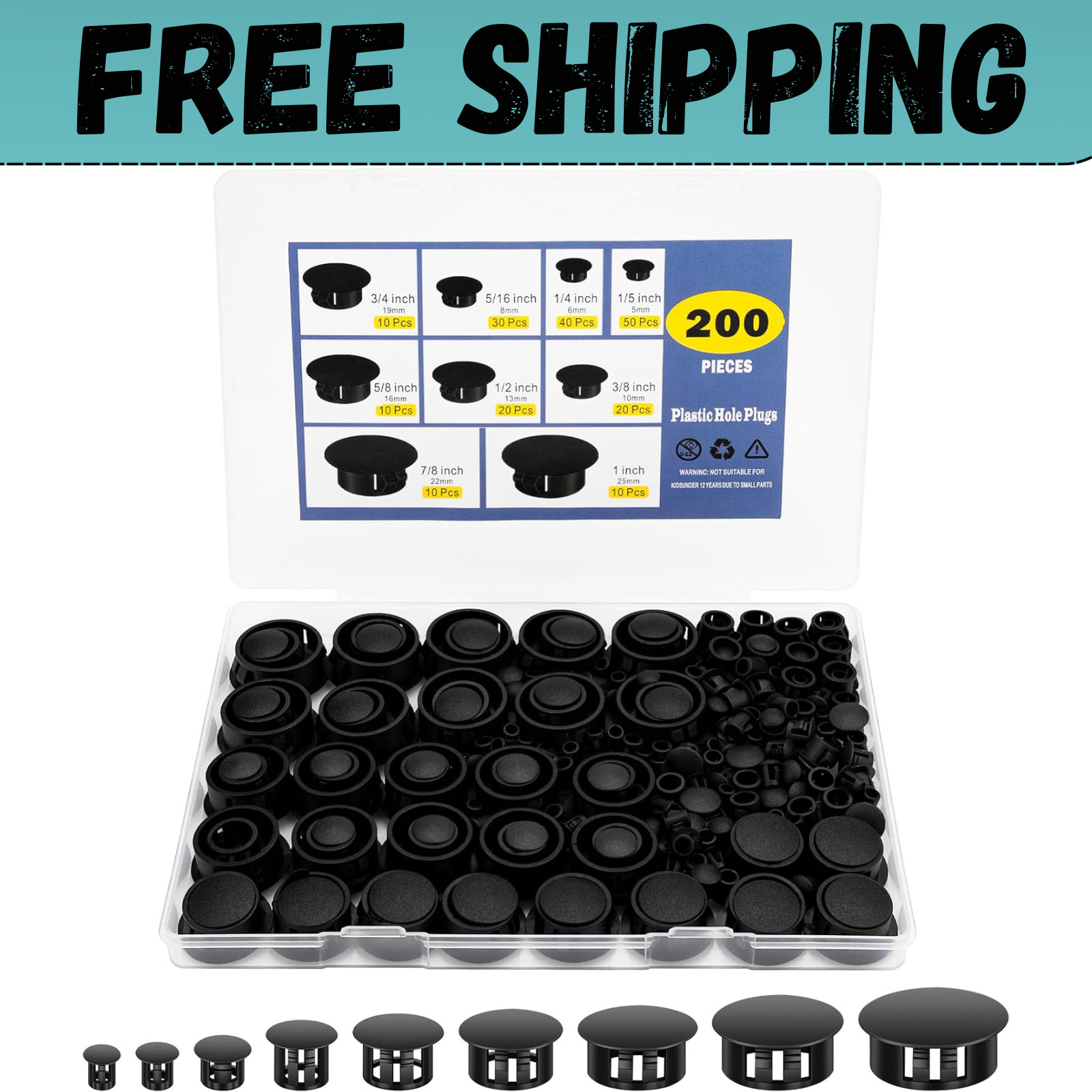 200Pcs 9 Sizes Nylon Plastic Hole Plugs Black Round Hole, Flush Type Panel