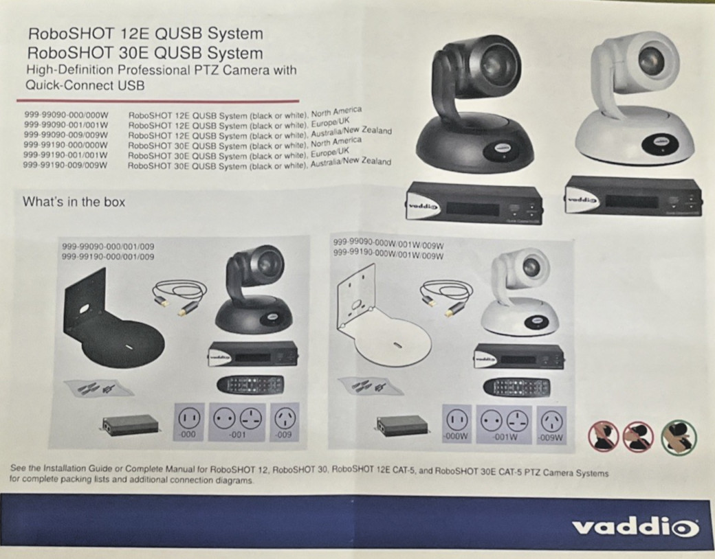 Vaddio ROBOSHOT 12E CAT5 Camera Model: 998-99000-100 w/ Quick Connect