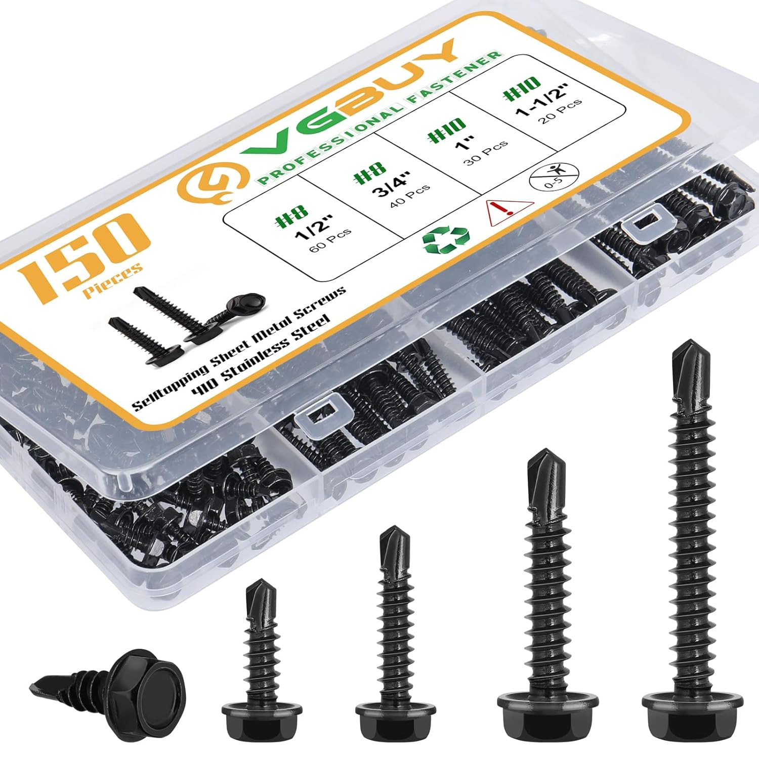 VGBUY 150Pcs Self Drilling Screws Assortment Kit, 410 Stainless Steel Self Tappi