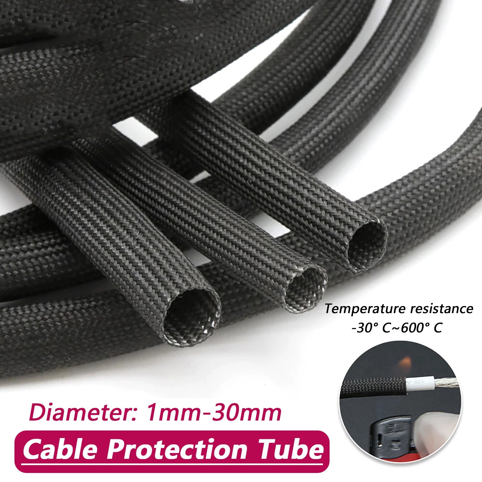 Black Heat Resistant Sleeving Cable Wire Ø 1mm-30mm High Temperature Metre 600°C