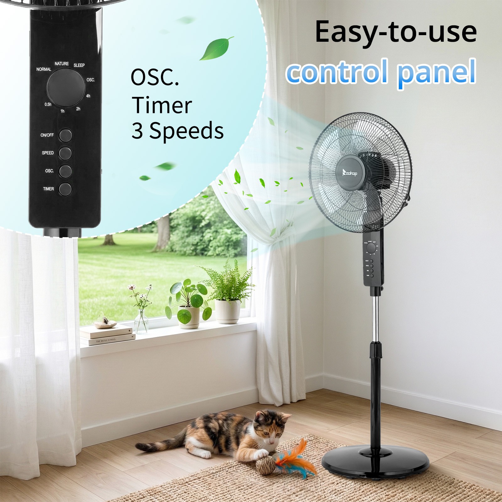 16 Inches Stand Fan,Height Adjustable Pedestal Fan w/Remote and 3-Speeds, Timer