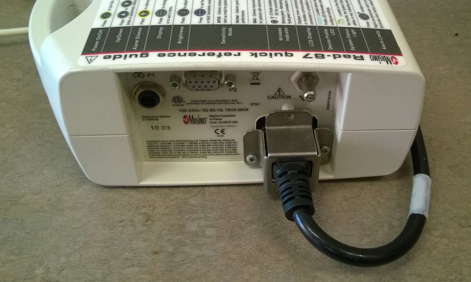 Masimo Rad 87V Pulse Oximeter, with OEM patient cable, adult sensor, and AC cord