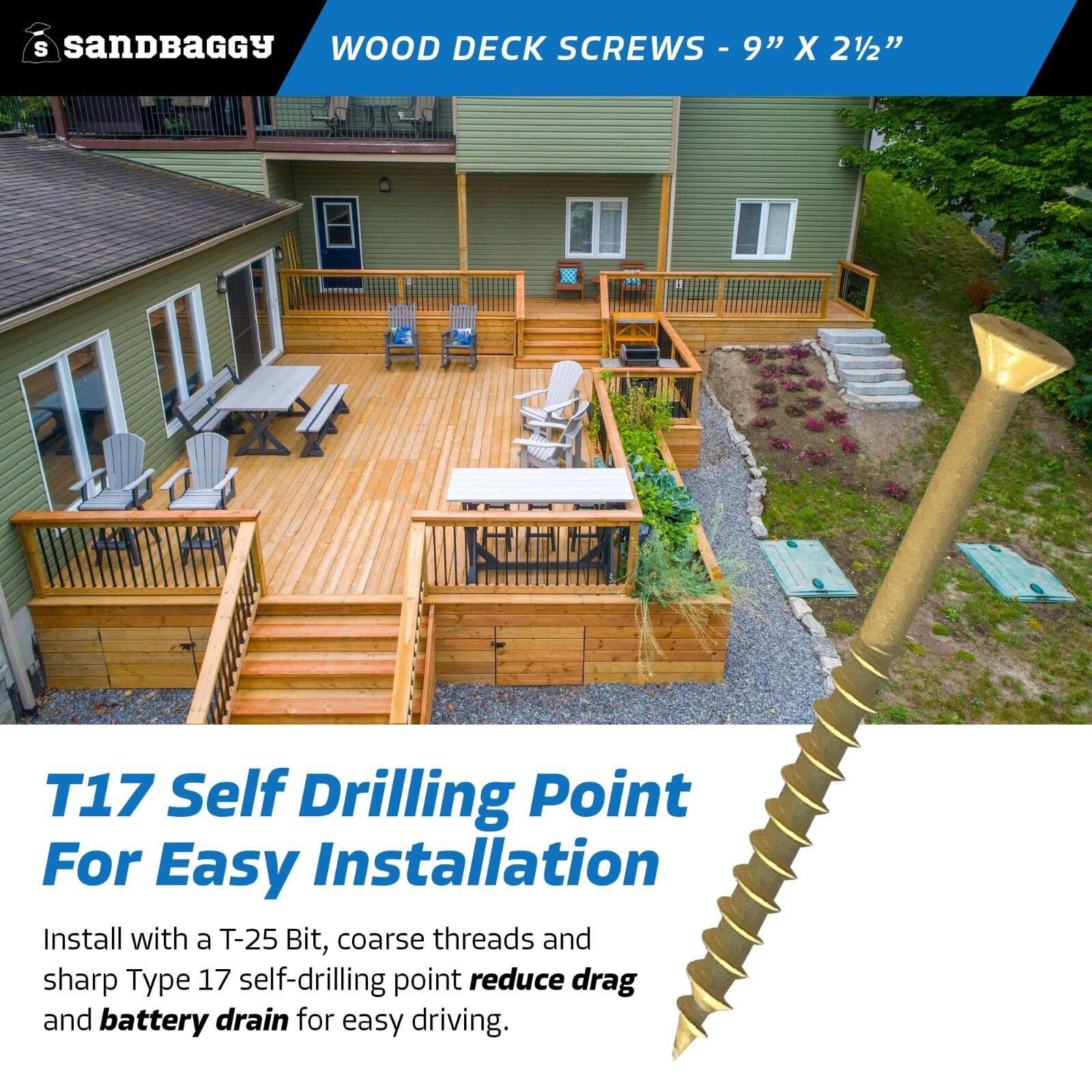 Sandbaggy #9 x 2 -1/2″ Exterior Wood Deck Screws – (Torx Head)