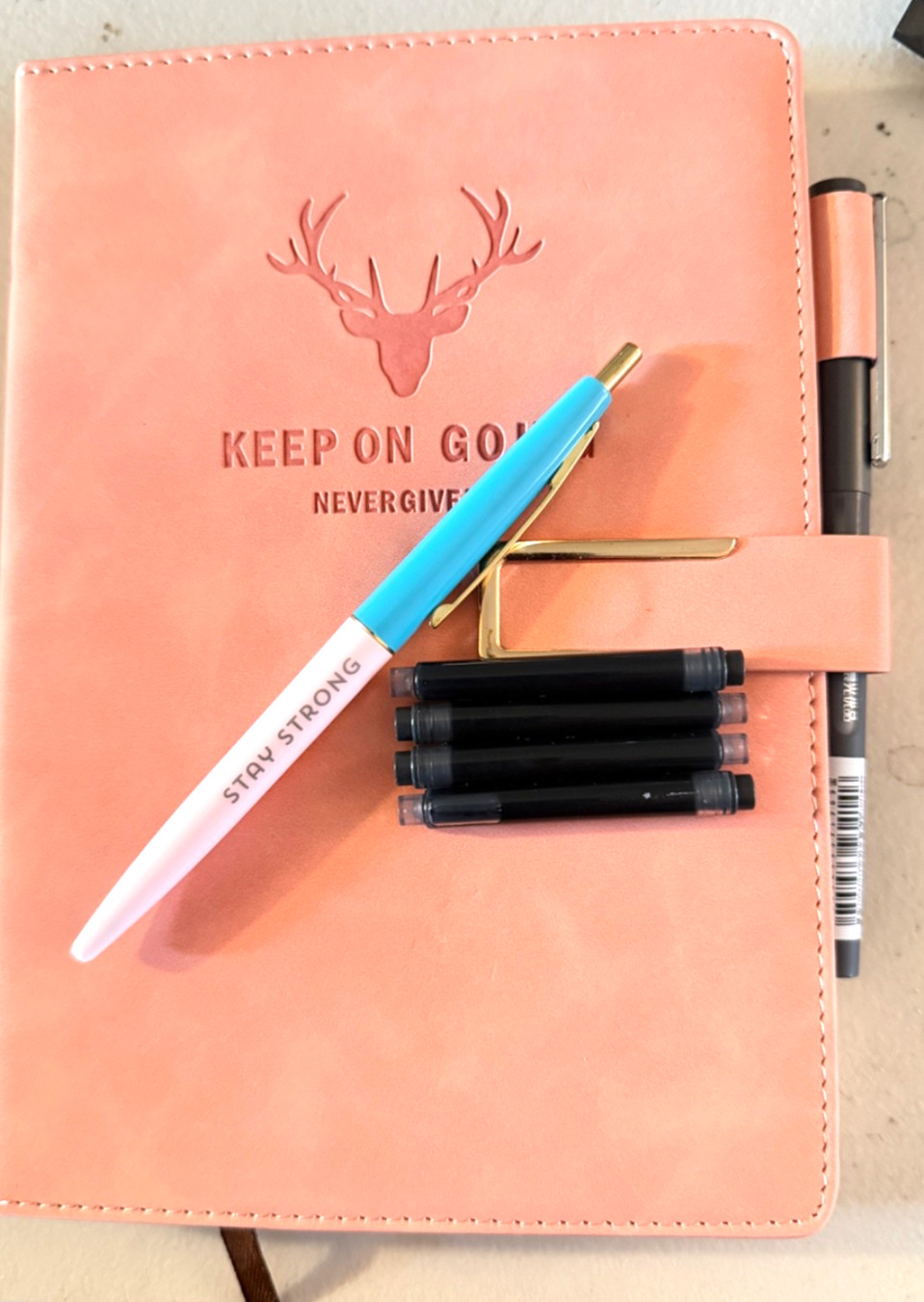 New Journal Diary “Never Give U” 6 X 8″ peach padded cover with TWO pens & carts