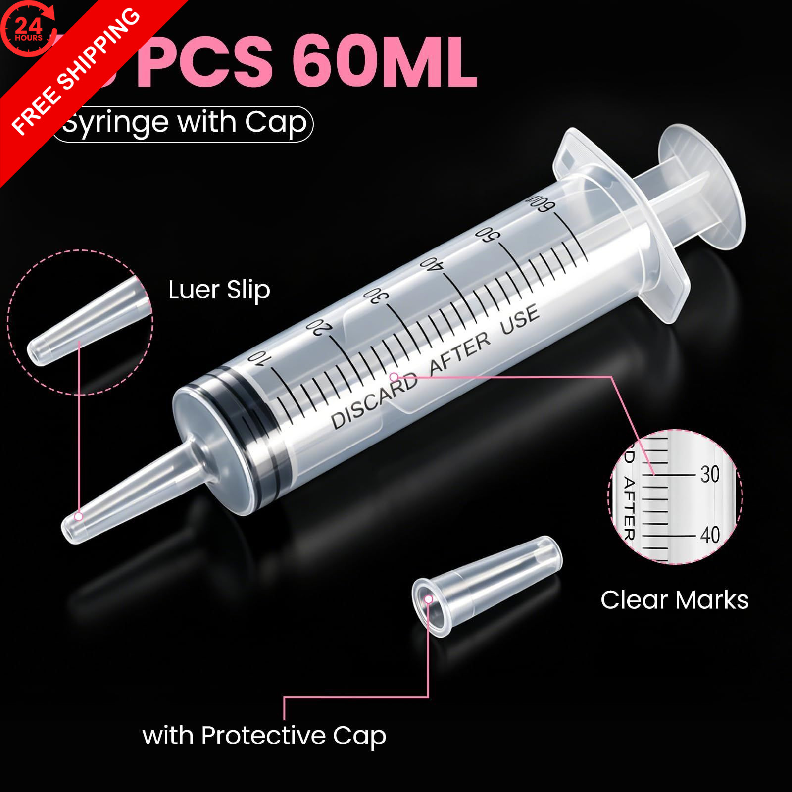 18 PCS 60ml Oral Syringe With Cap, Plastic 60 milliliters, transparent