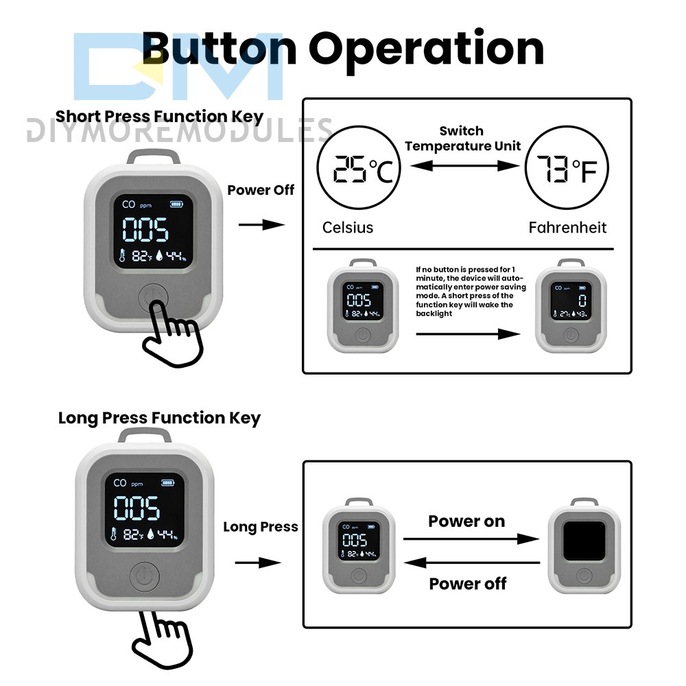 Air Quality Monitor 3-in-1 Carbon Monoxide Detector Temperature Humidity Alarm