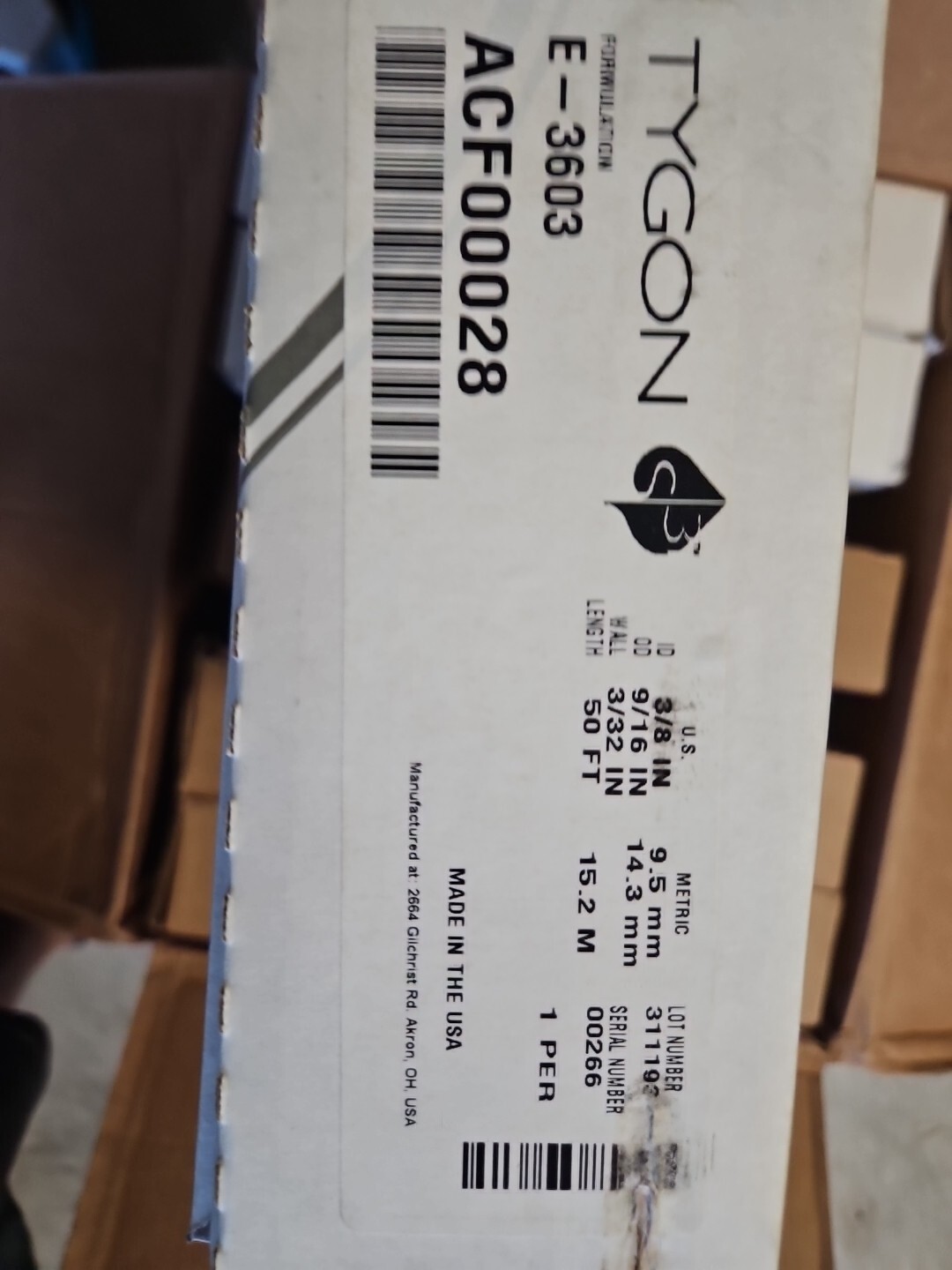 TYGON ACF00028 Tubing,Clear,3/8 In. Inside Dia,50 ft.