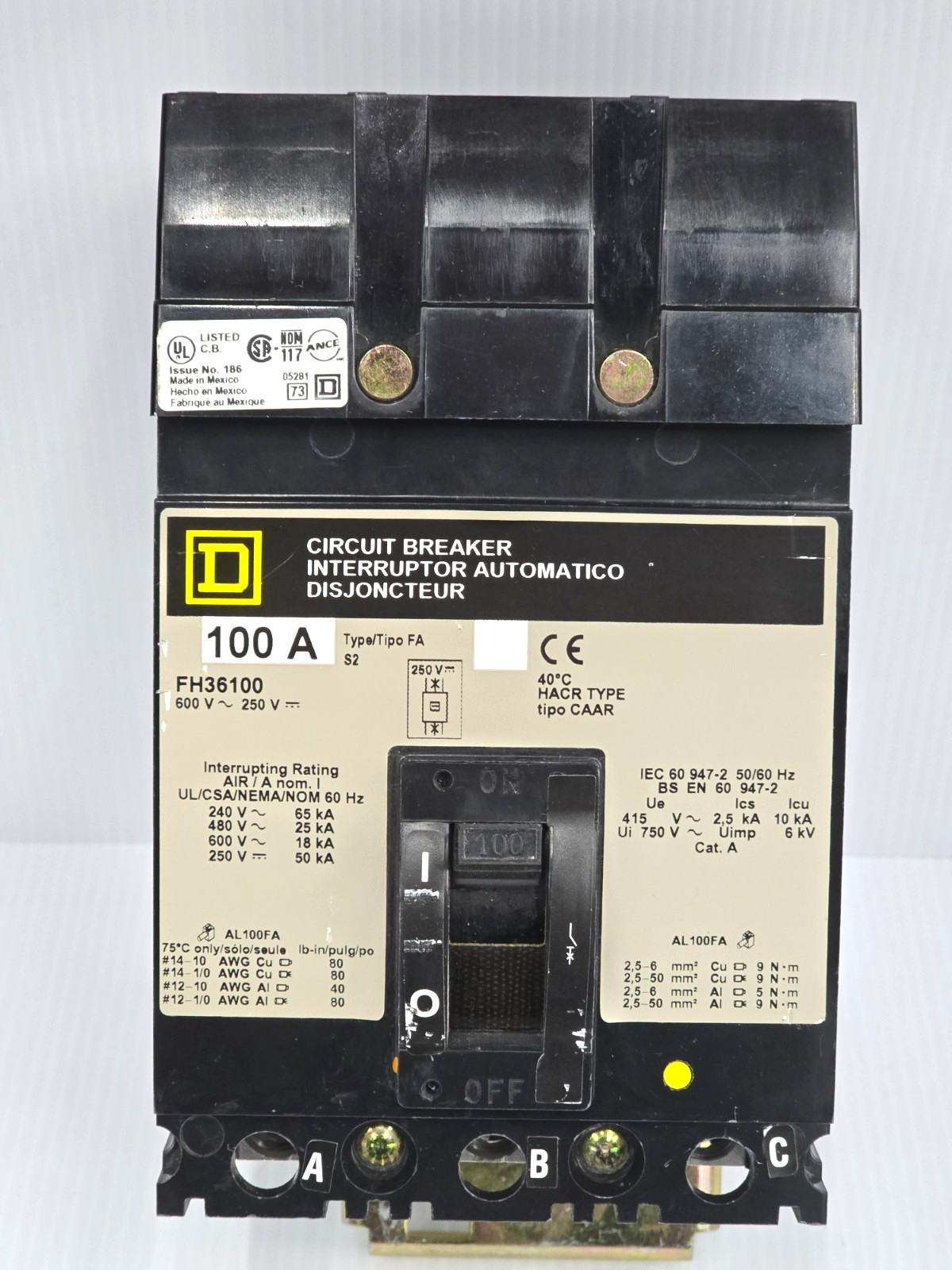 Square D 100 Amp I-Line Circuit Breaker 600 VAC 3 Pole 65 kA FH36100