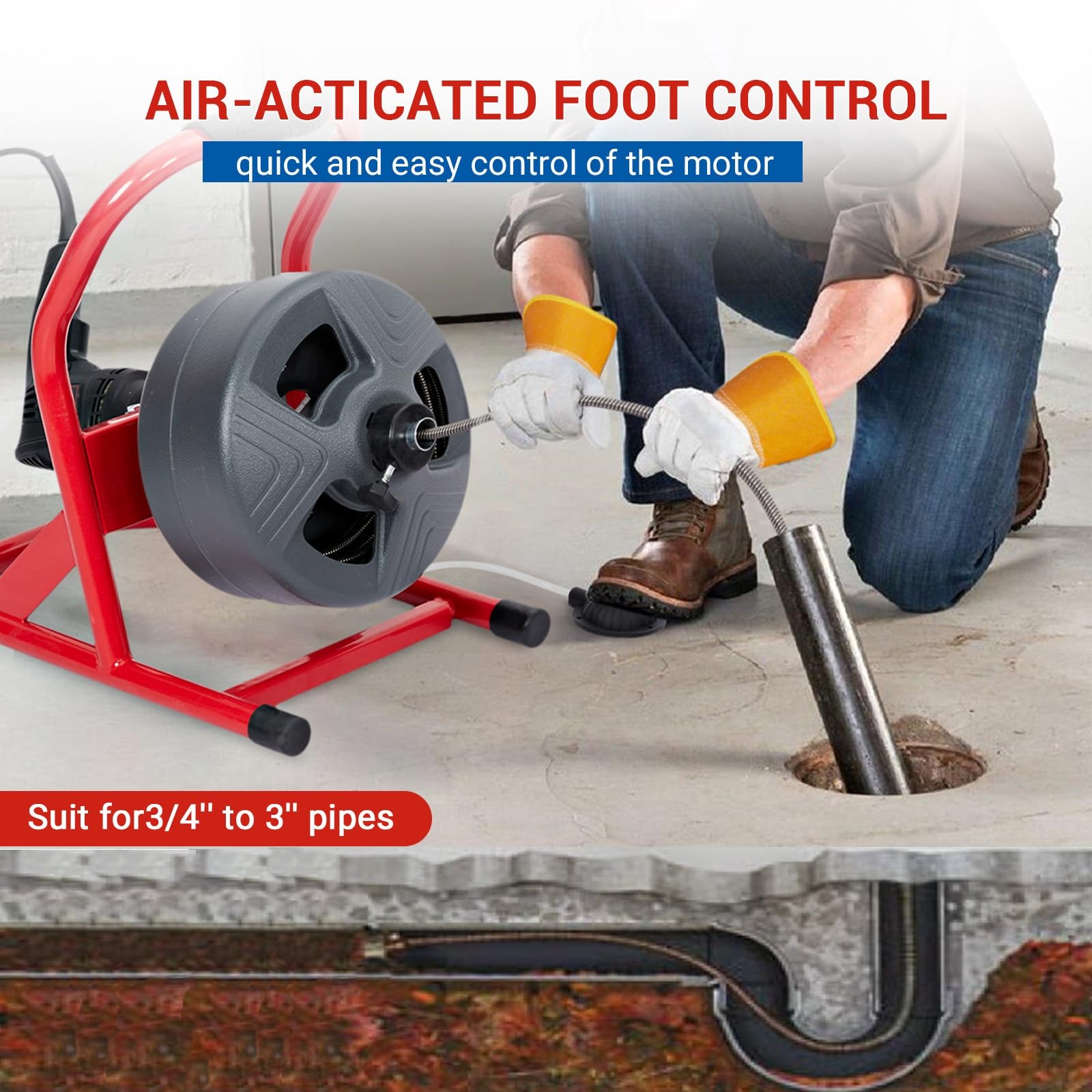 50Ft x 5/16 Inch Drain Cleaner Machine, Electric Drain Auger Cleaner Sewer Snake