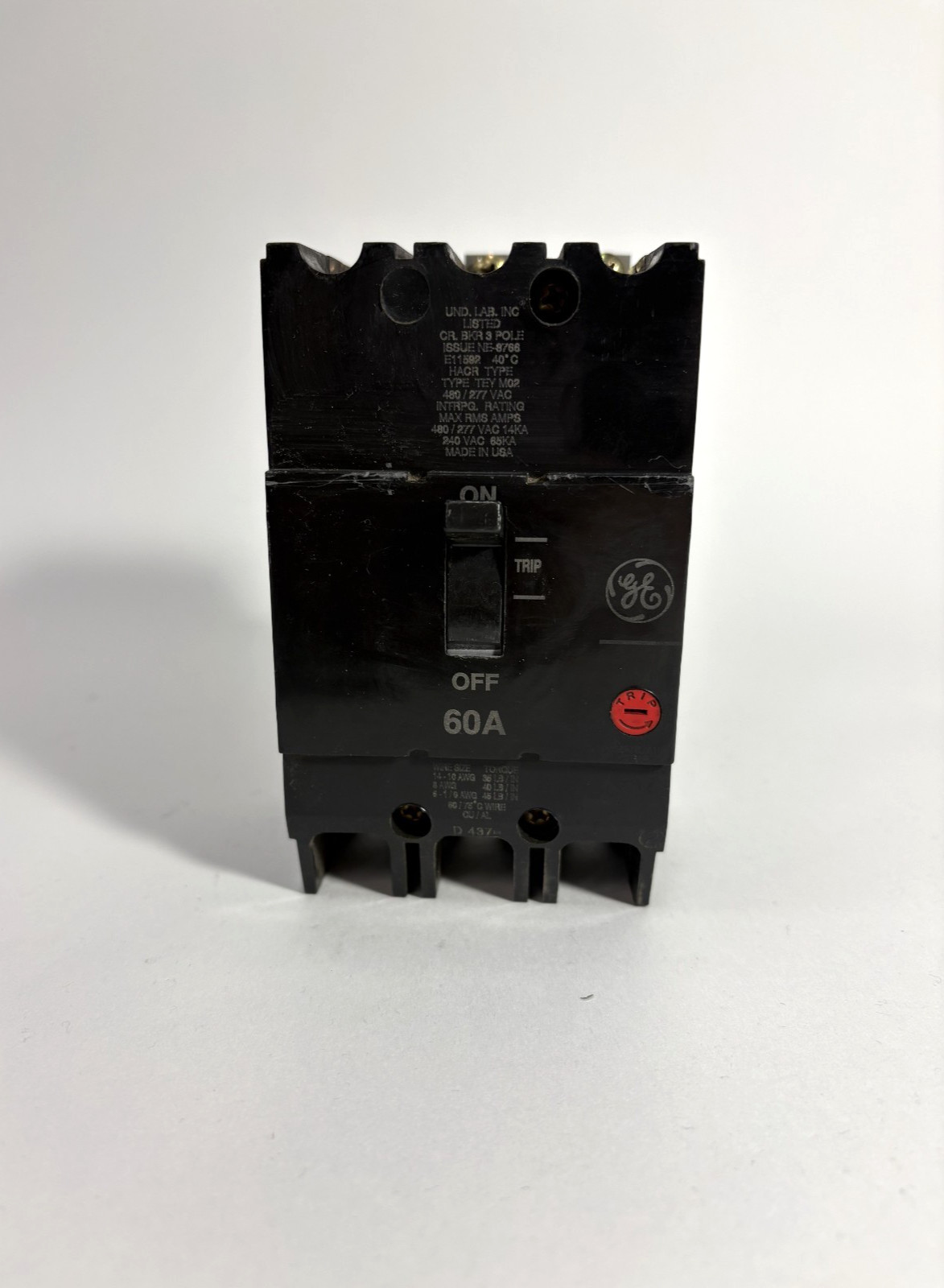 General Electric TEY360 Type TEY MO2 3 Pole 60A 480V Molded Case Circuit Breaker
